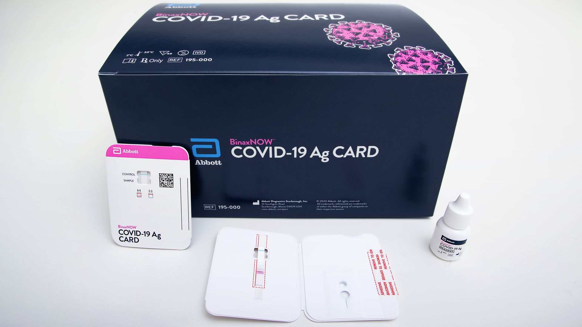 Abbott's BinaxNOW COVID-19 Ag Card test is pictured.
