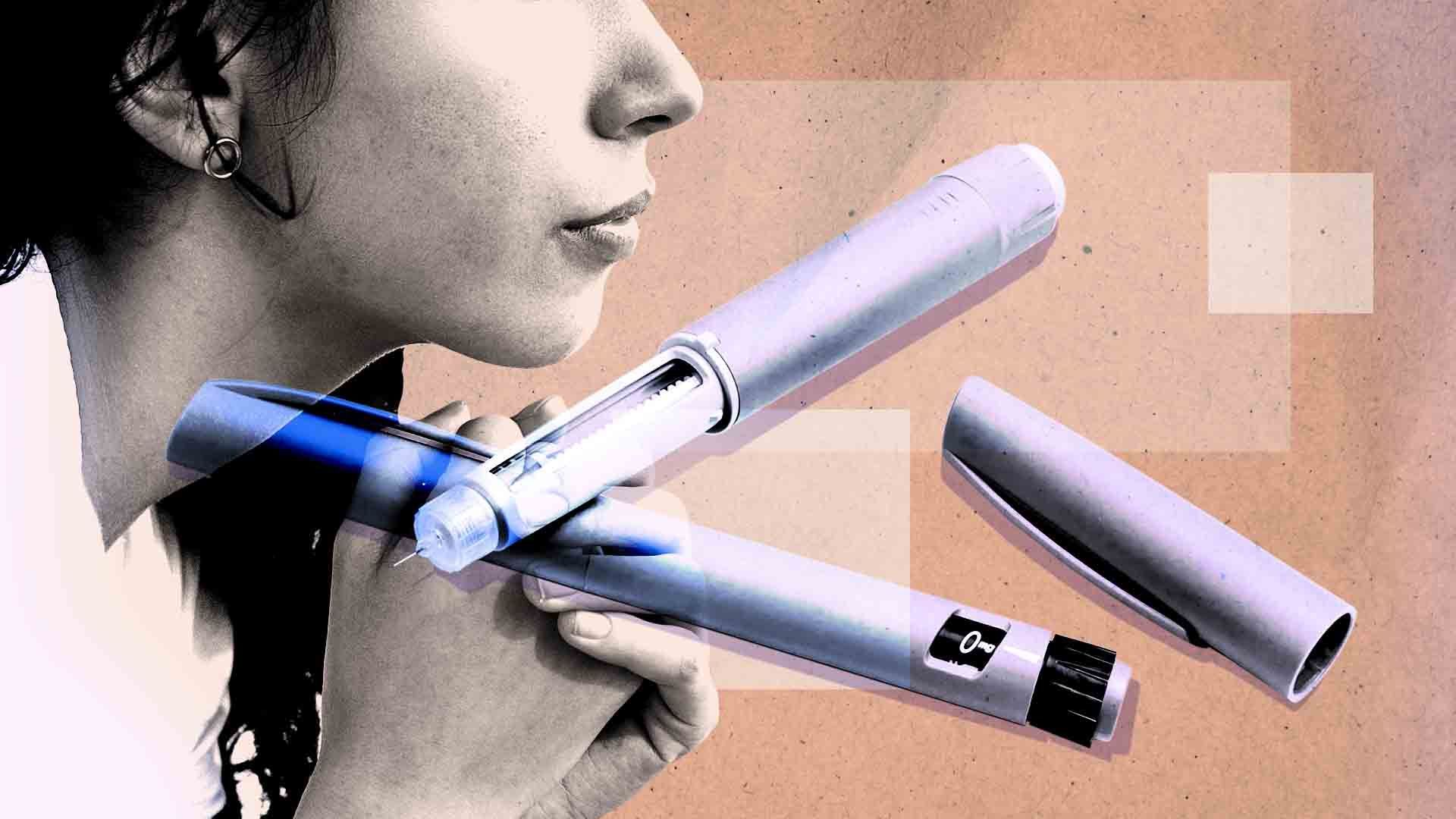 Illustrated collage of an Ozempic injection pens in front of a pensive woman with various rectangles surrounding them