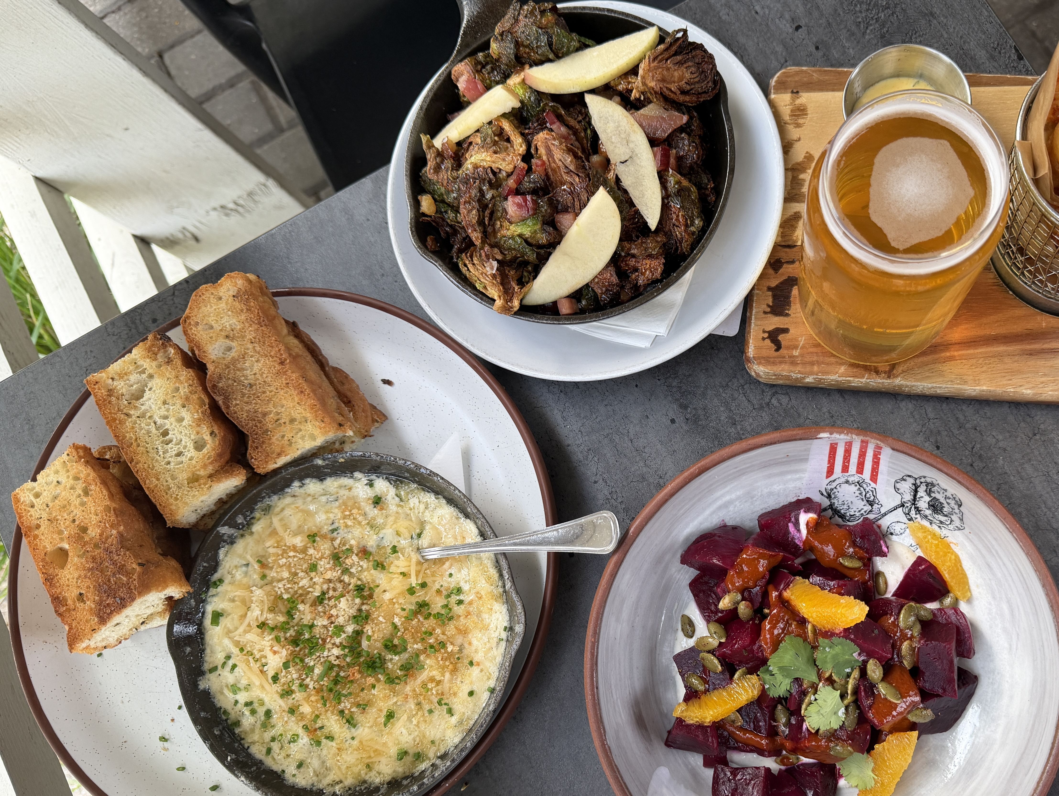 Cheesy dip, brussels sprouts and beets. 