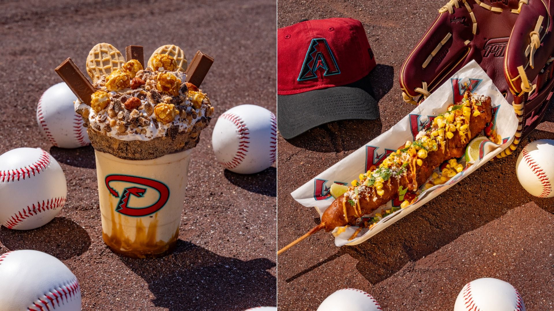 Split image of baseball snacks: left a milkshake topped with cookies, chocolate, and popcorn; right a corn dog with corn, cheese, and toppings in a paper tray, near a glove, cap, and baseballs.