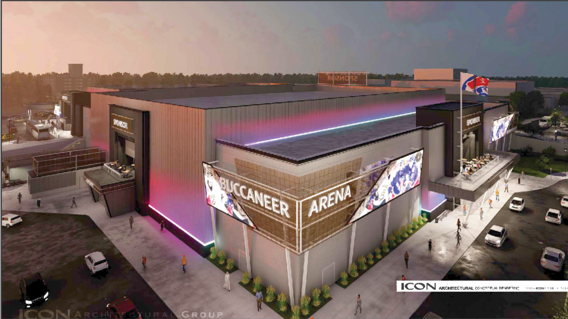 A rendering of a proposed buccaneer arena in Des Moines.
