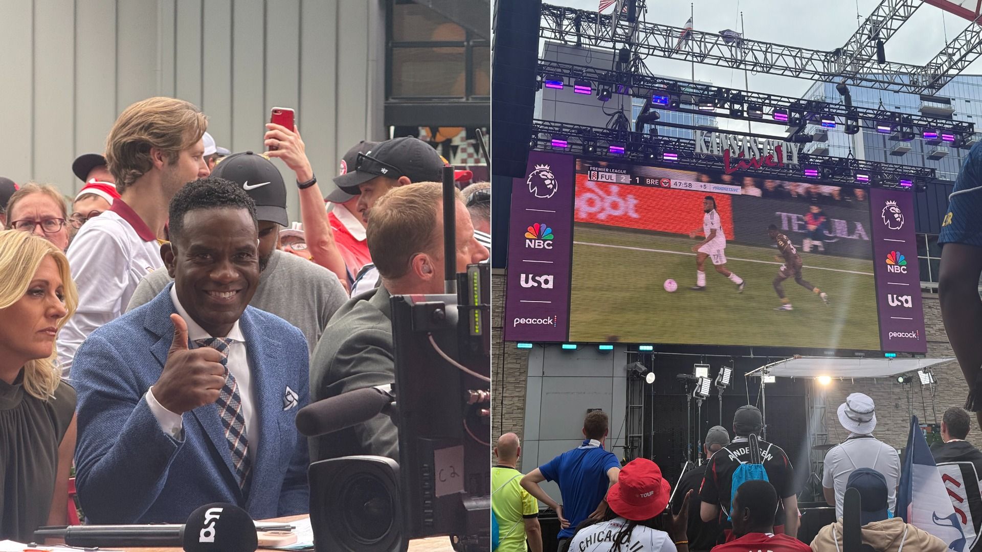Split image showing a TV sports commentator giving a thumbs up on the left, and a crowd watching a soccer match on a large outdoor screen on the right.