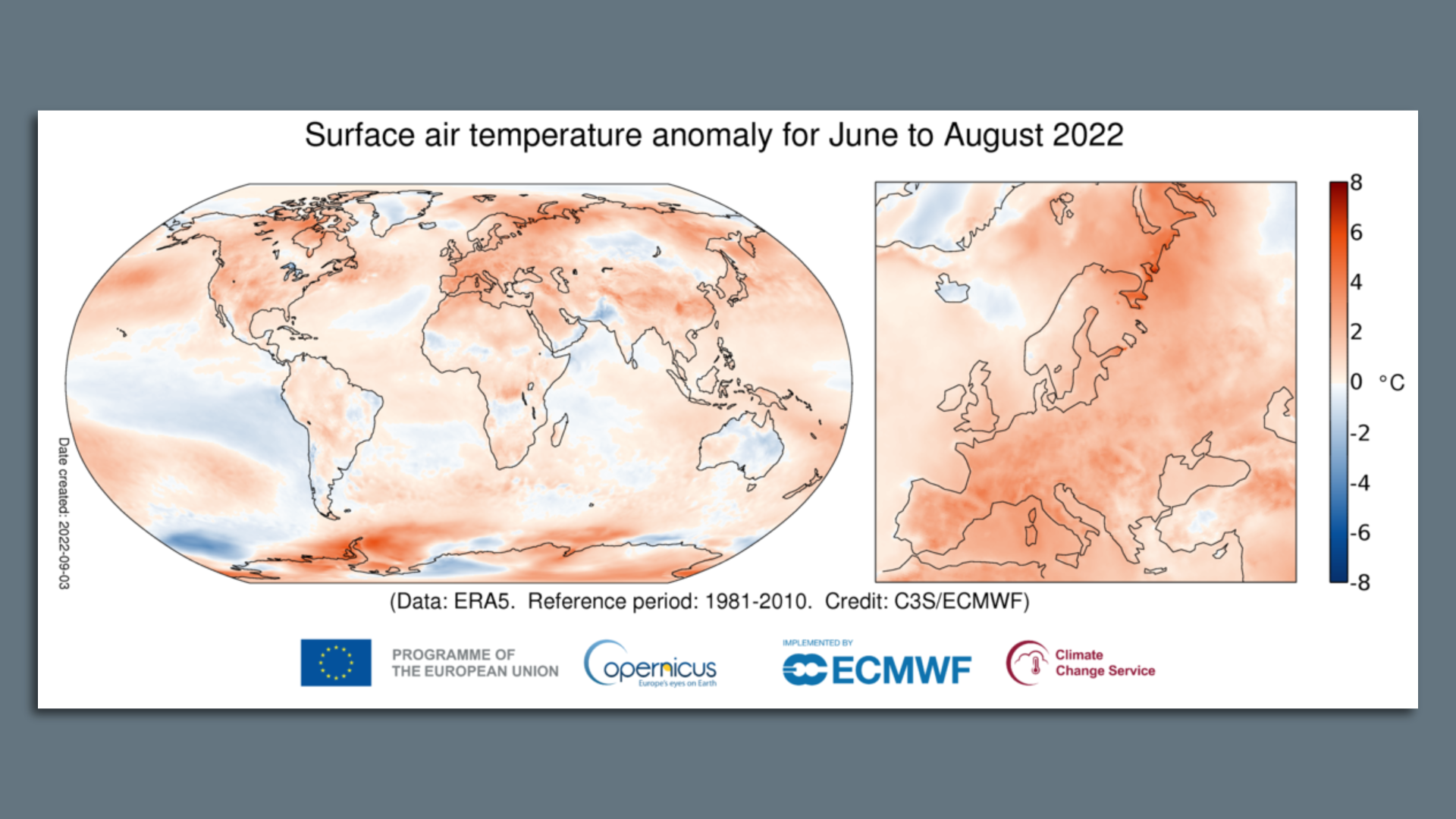 Map showing surface air temperature departures from average during June through August 2022. 