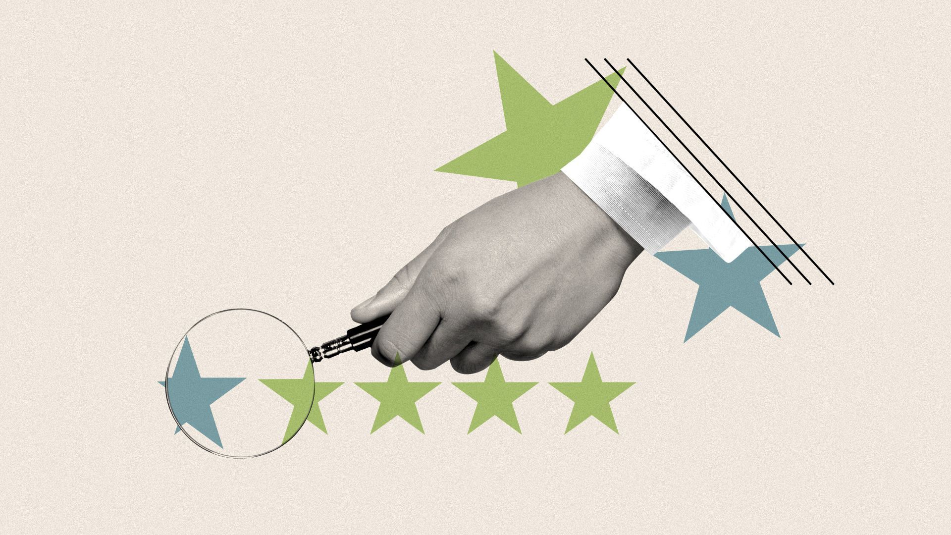Illustrated collage of a hand holding a magnifying glass examining a rating star system. 