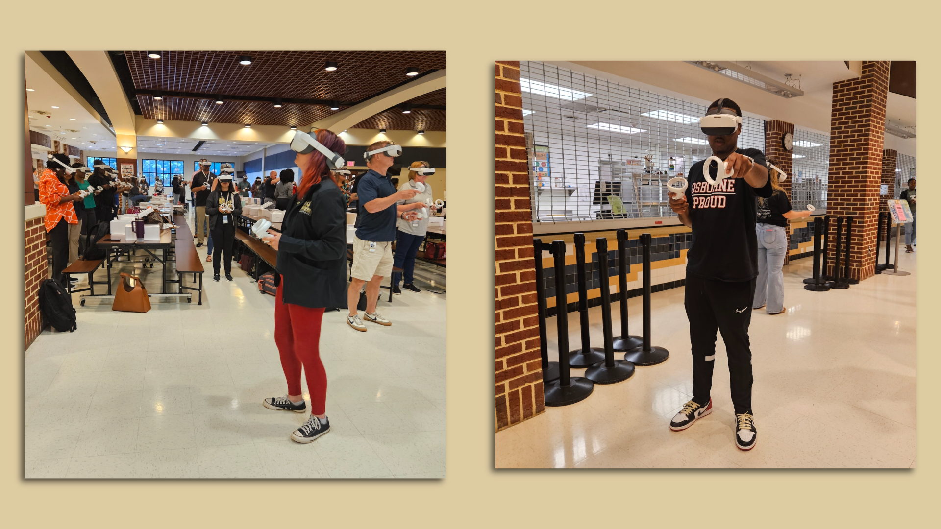 Two Cobb educators testing out the Prisms of Reality module on virtual reality headsets.