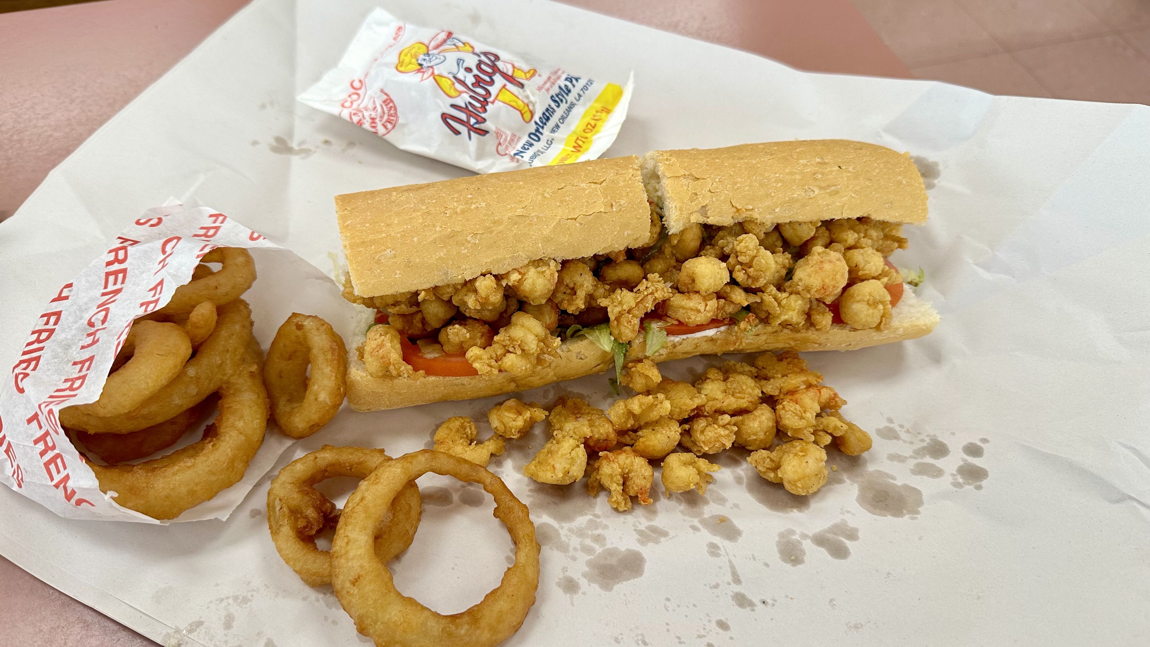 Photo shows a crawfish poboy