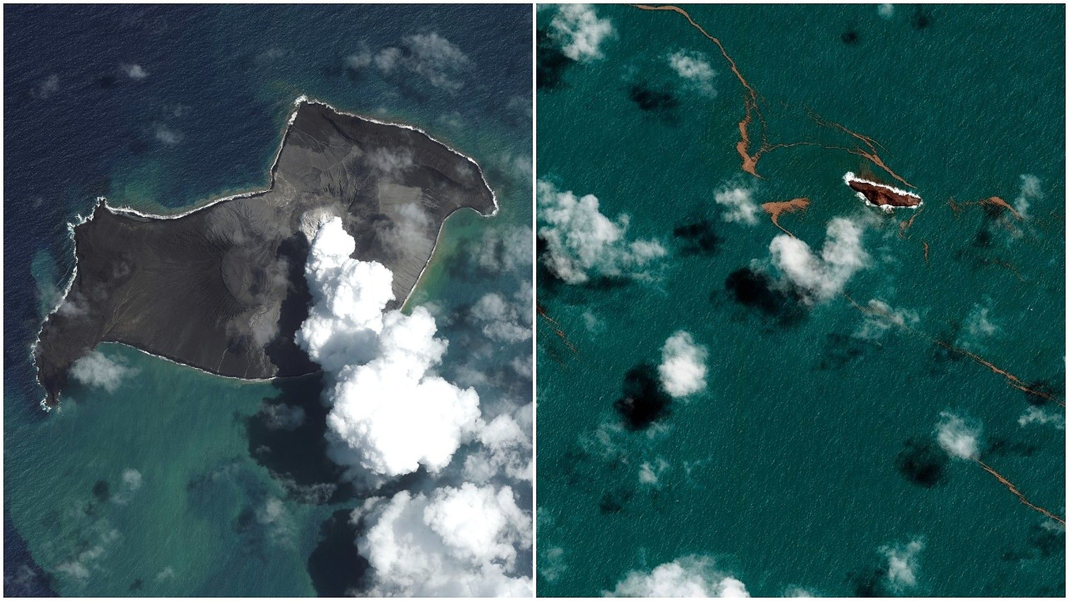 Left, an overview of Tonga's volcano on Jan. 6. Right, the volcano seems to have all but disappeared on Jan. 18.