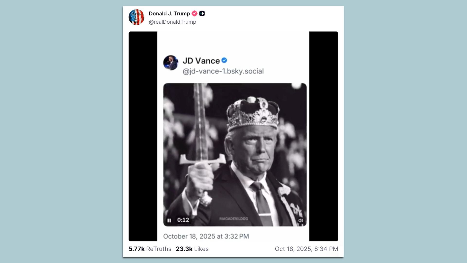 A video posted by President Trump on Saturday night after the "No Kings" rallies. 