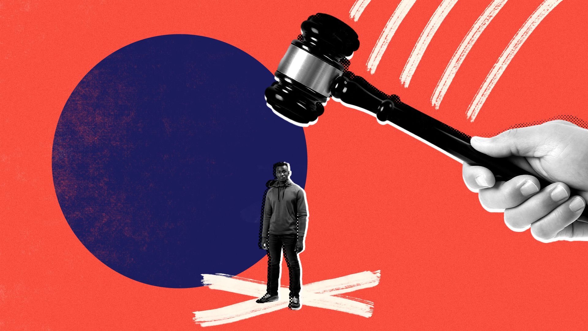 Illustration of a main standing on an X with a gavel coming down on top of him.