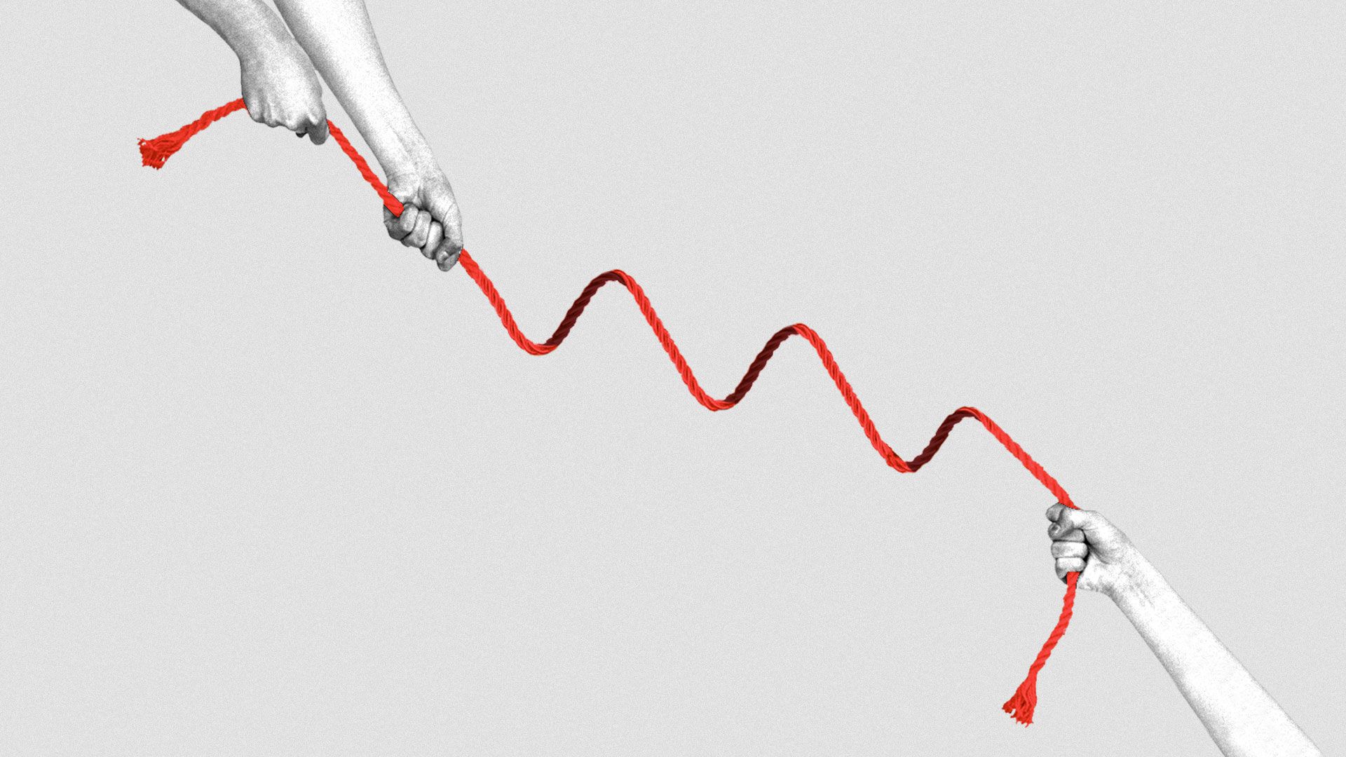 Illustration of a tug-of-war rope in the shape of a downward trending market line. 