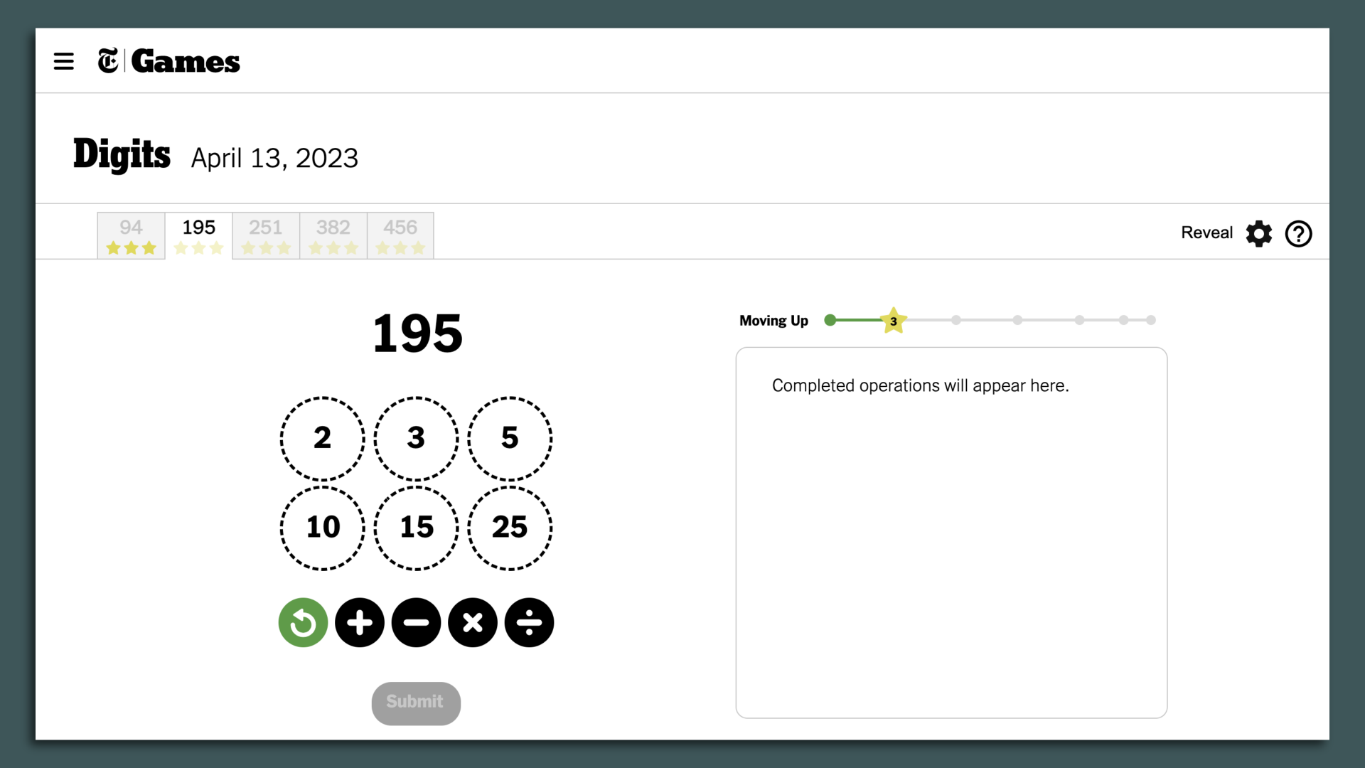 Video game screenshot of a group of numbers and some virtual buttons to press to add, subtract, multiply or divide