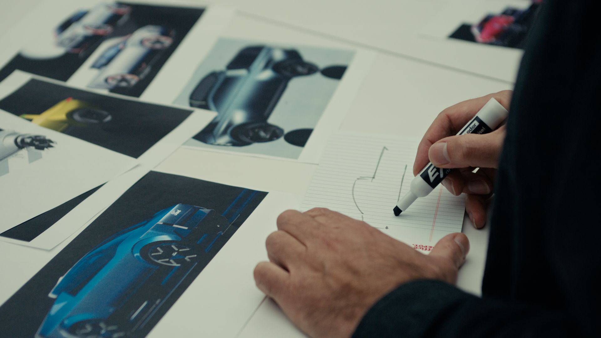 Close-up of a designer's hand holding a white marker, drawing the shape of a pickup truck, with blue and black car concept images and mood boards spread across a white table.