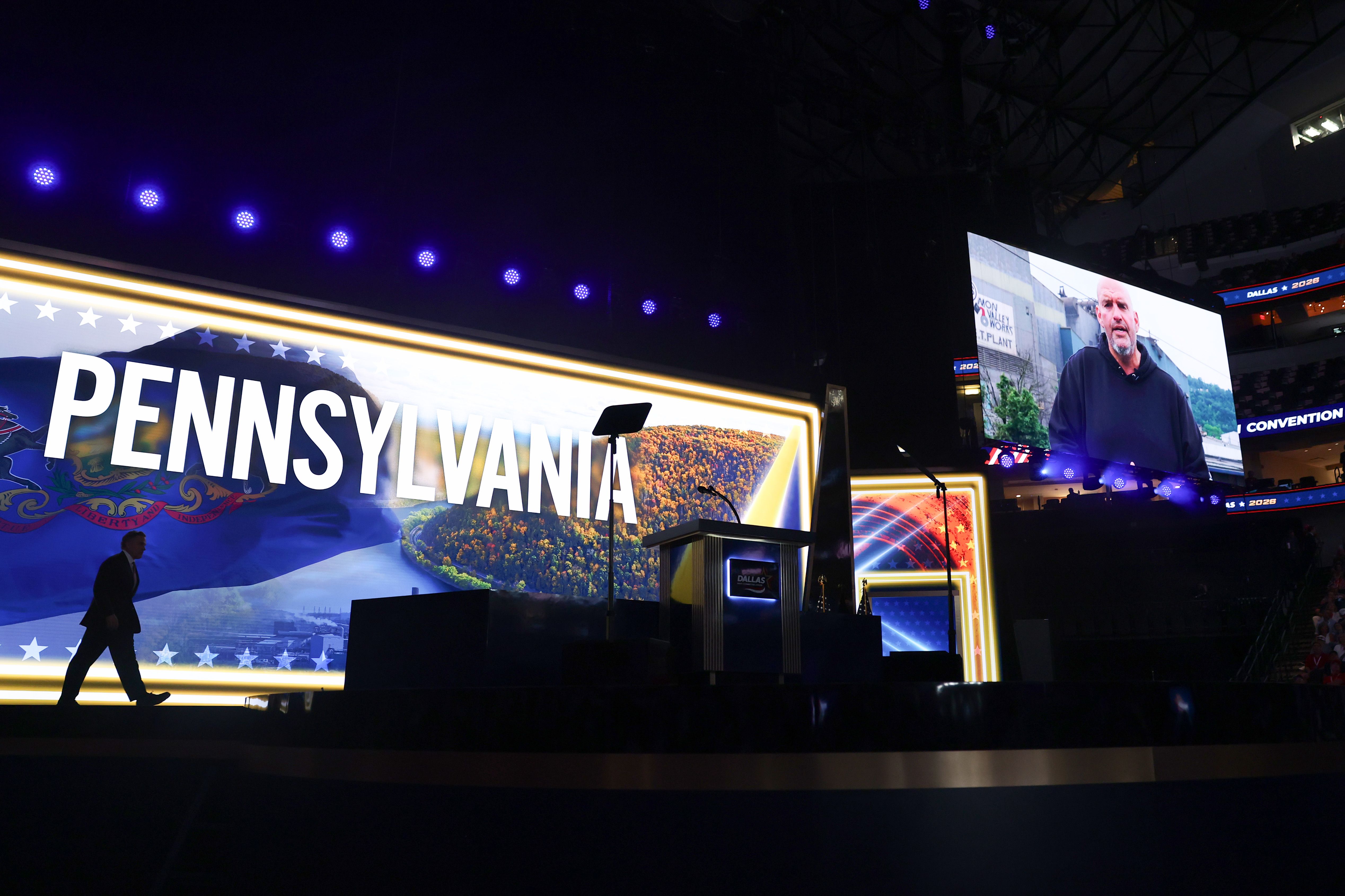 Sen. John Fetterman (D-Pa.) introduces Sen. Dave McCormick (R-Pa.) at in a video played at the Republican convention last night.