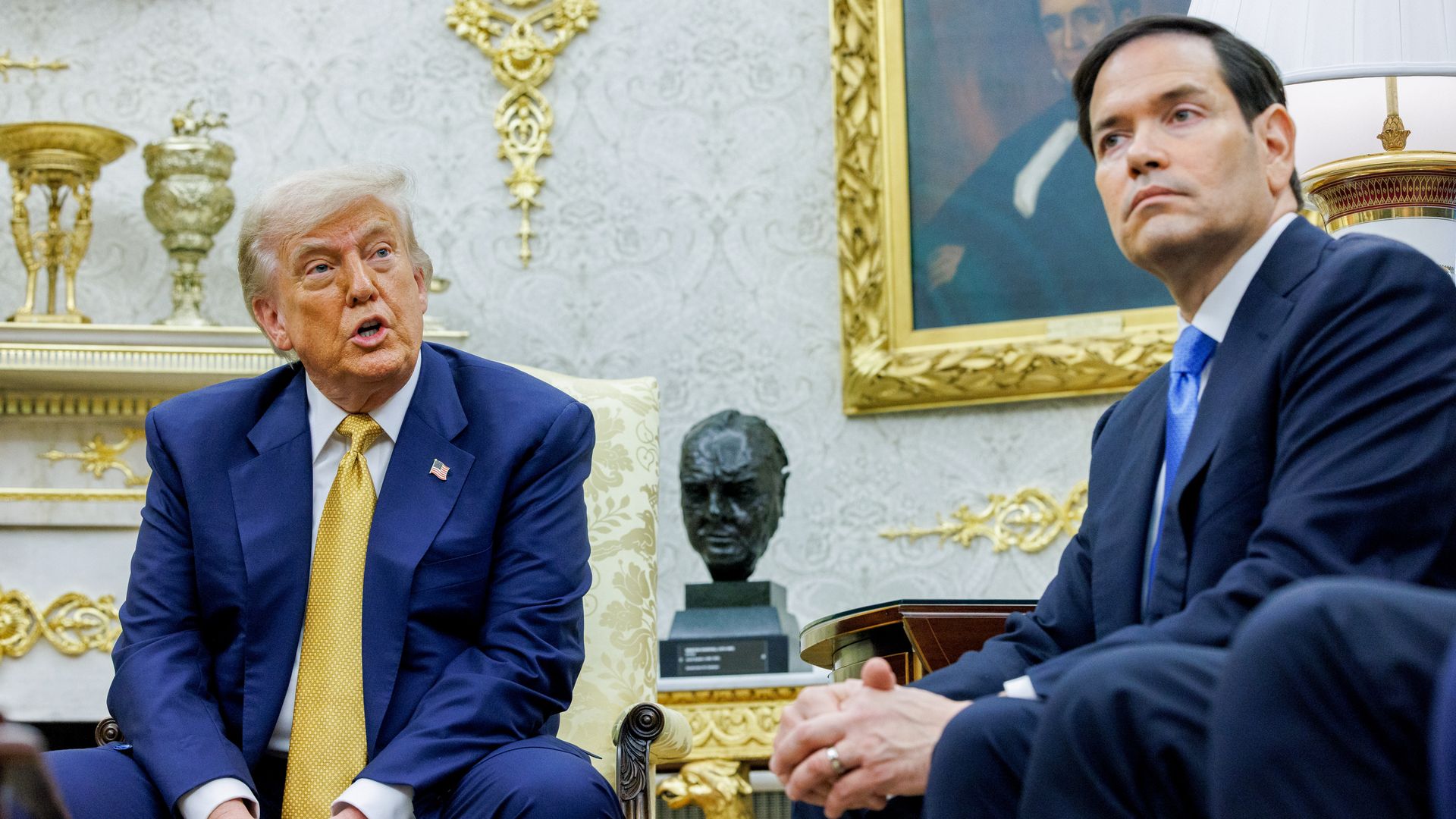 U.S. President Donald Trump, left, and Marco Rubio, US secretary of state, in the Oval Office of the White House in Washington, DC, US, on Wednesday, July 16, 2025.