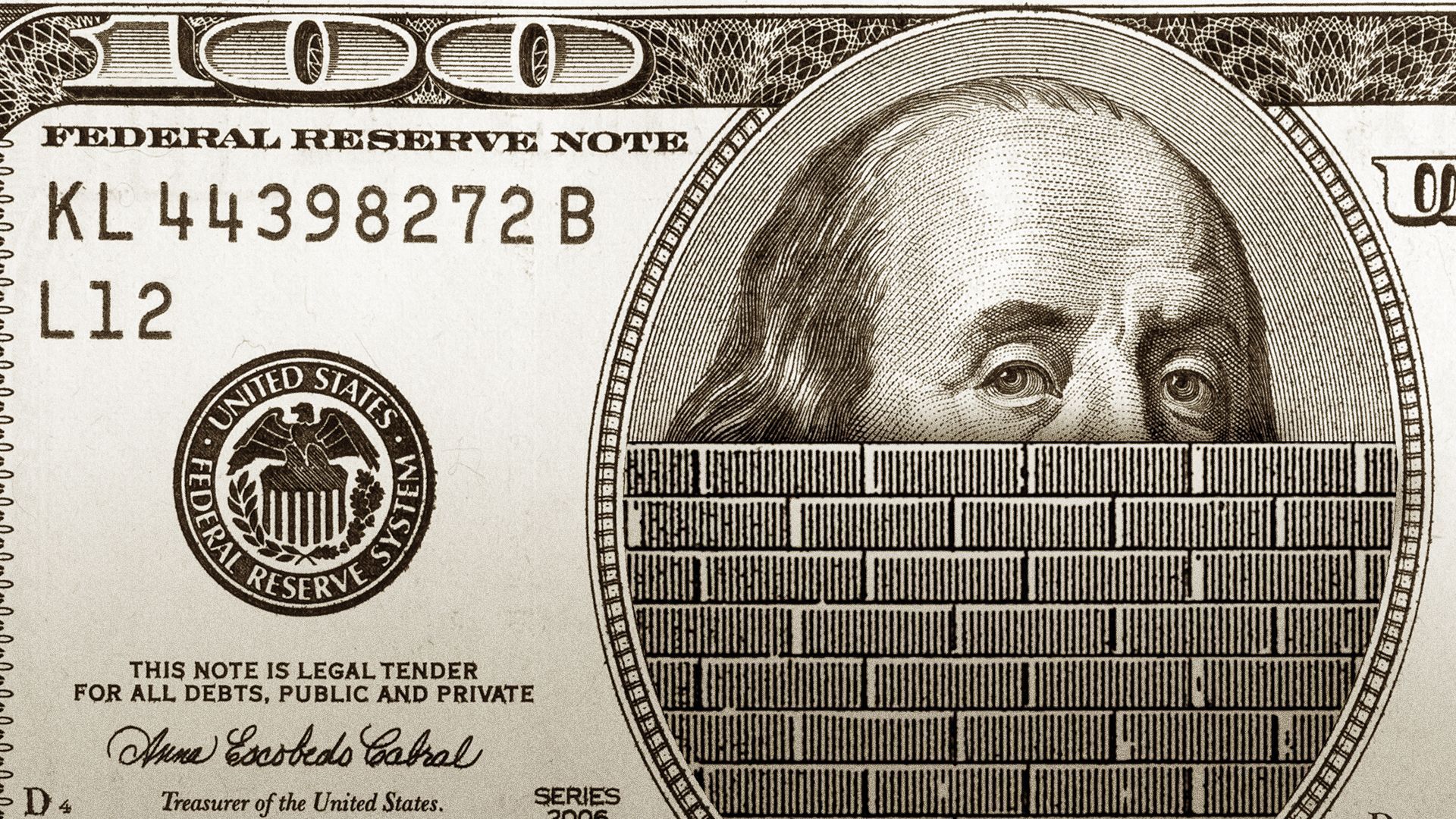 Illustration of a hundred dollar bill with a brick wall obscuring half of Benjamin Franklin's face.