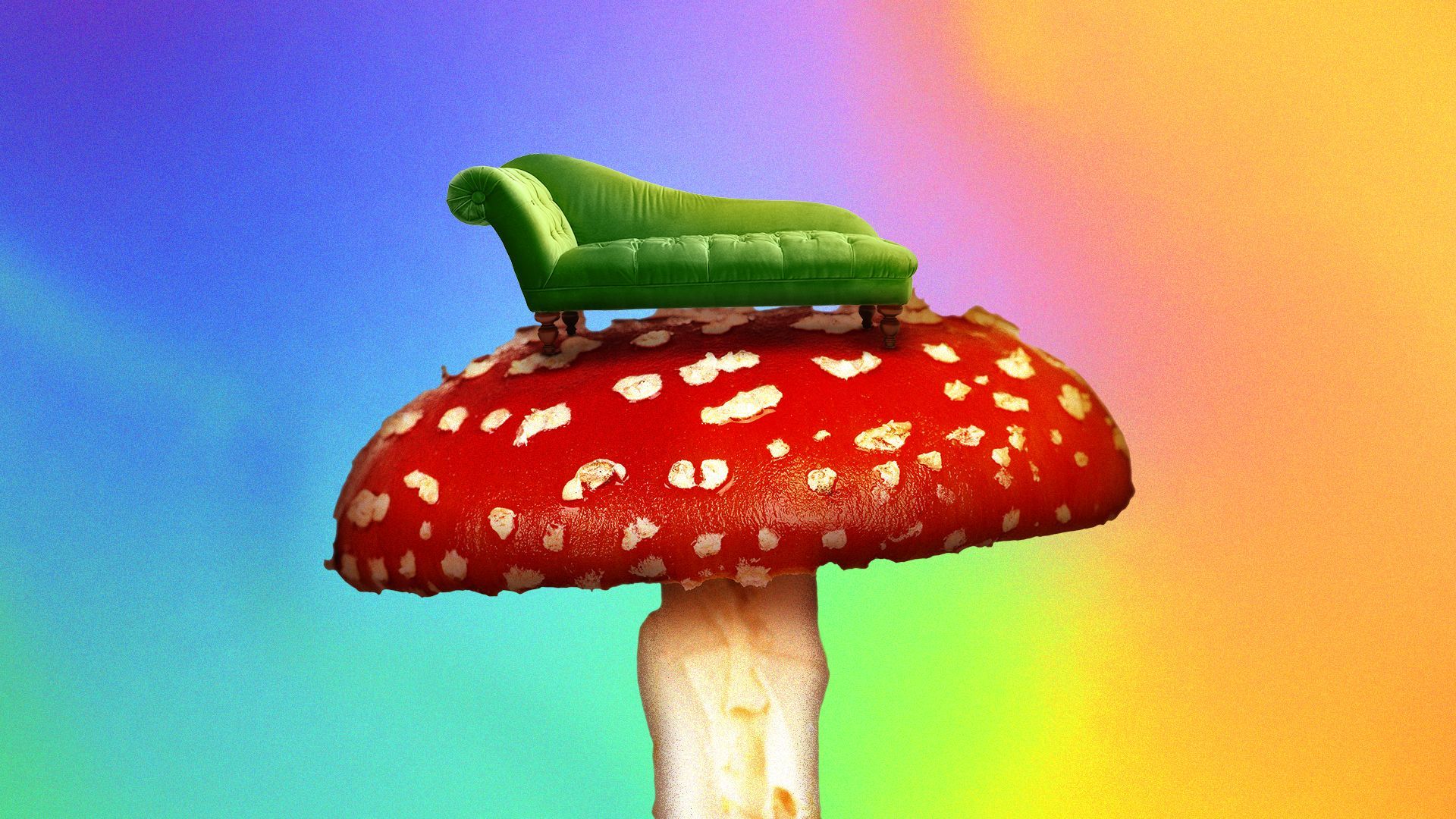 Illustration of a chaise lounge on top of a mushroom.