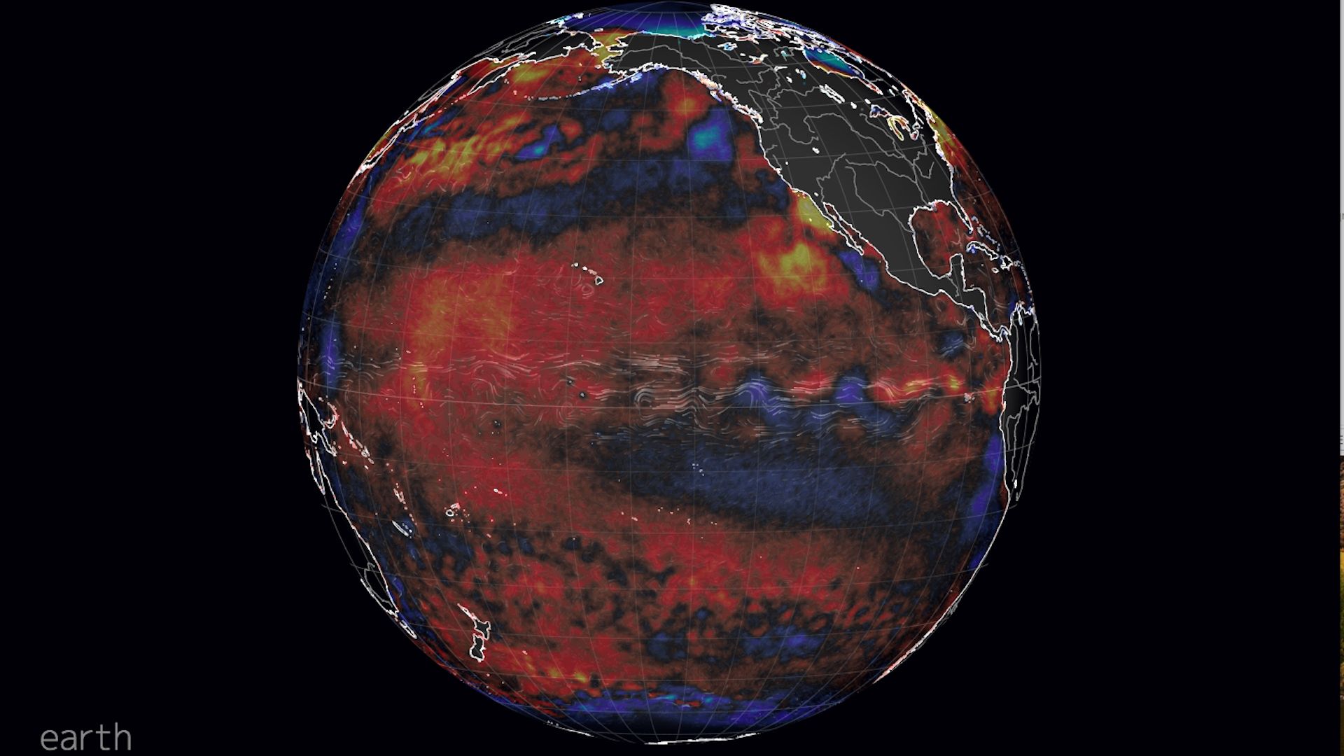Global sea surface temperature anomalies, showing warming near the equator in the Pacific Ocean.