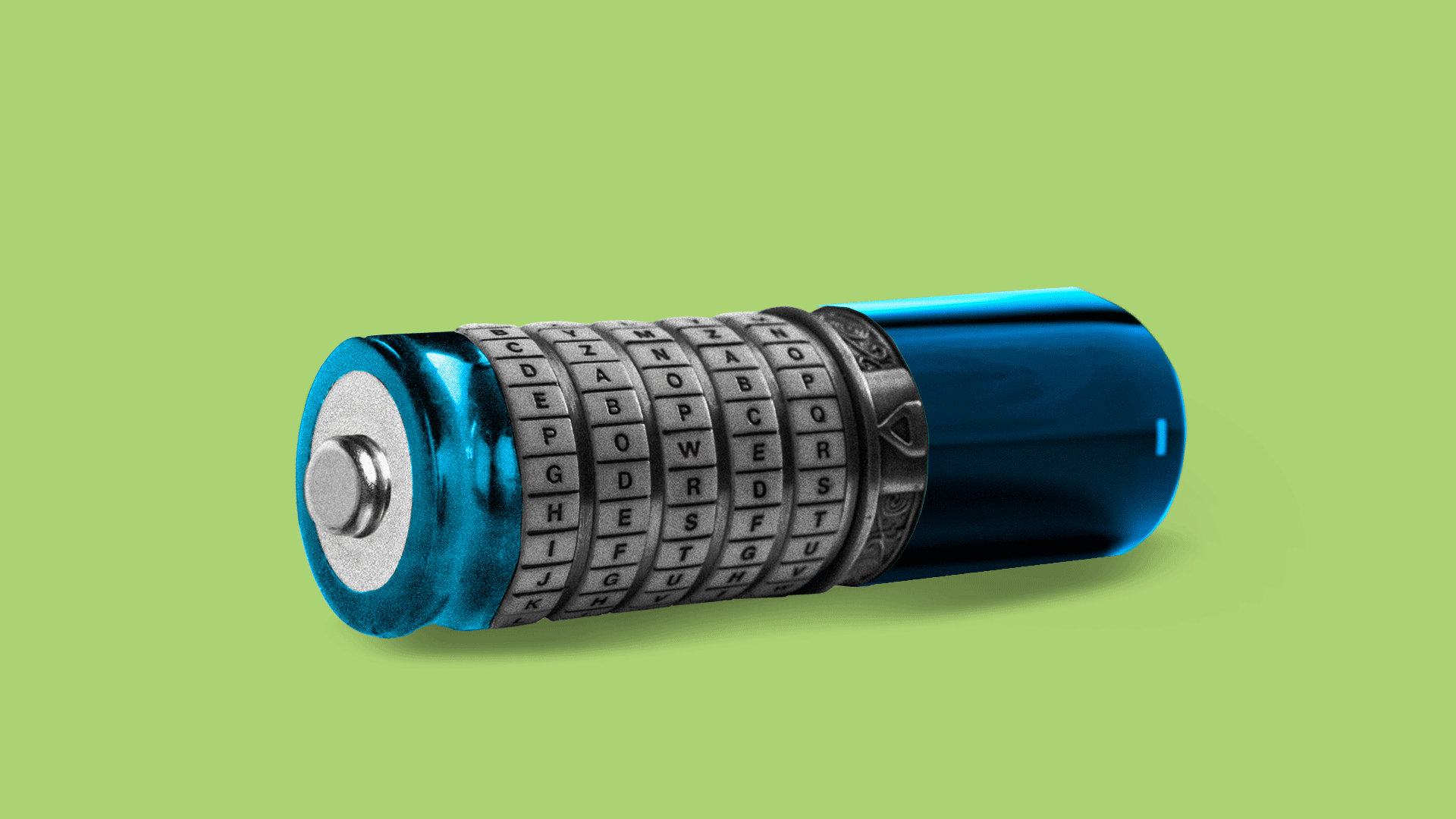 Illustration of a battery as a cryptex spelling out the word power.