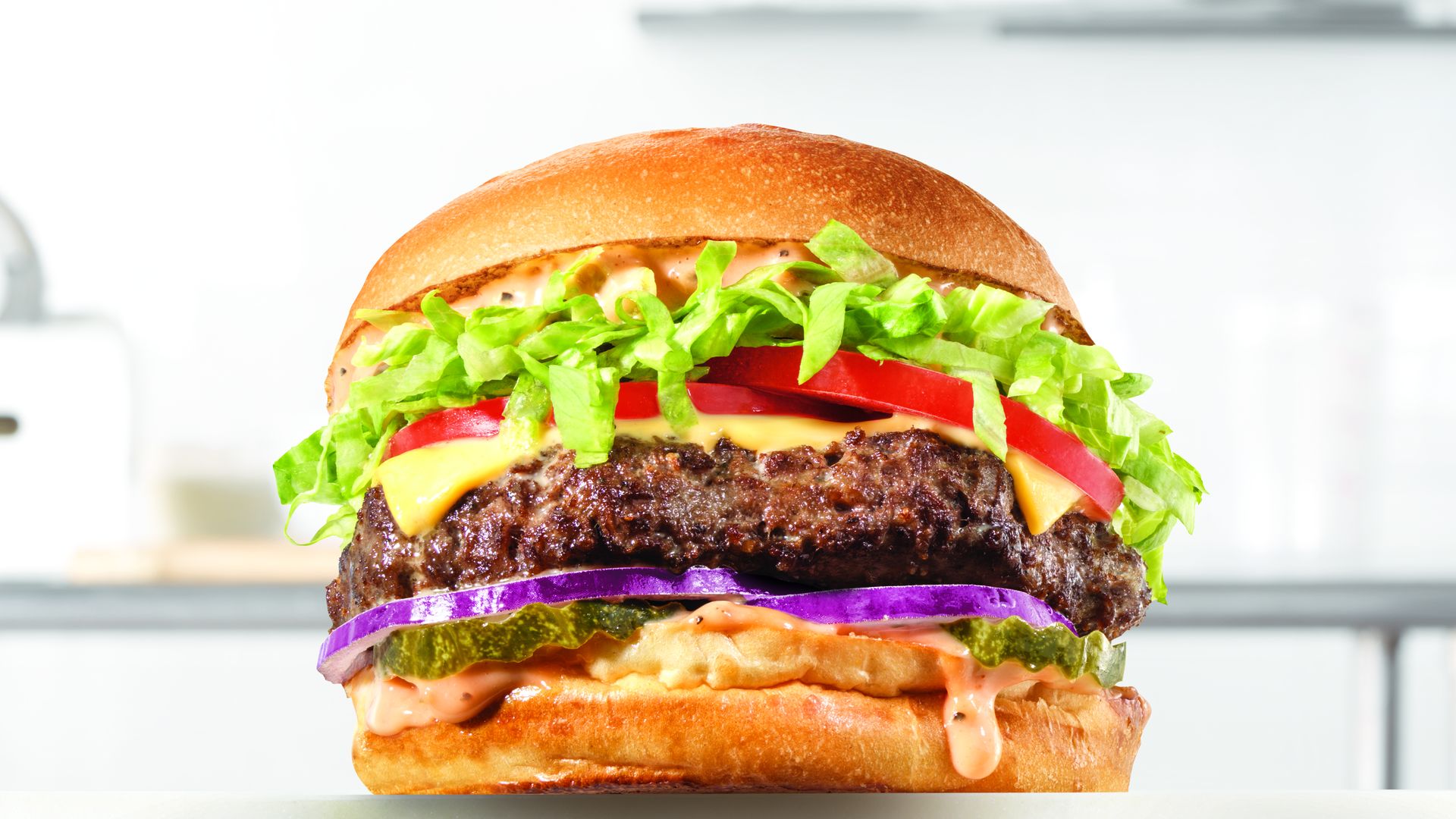 Arby's burger with cheese, tomato, lettuce and onion on bun