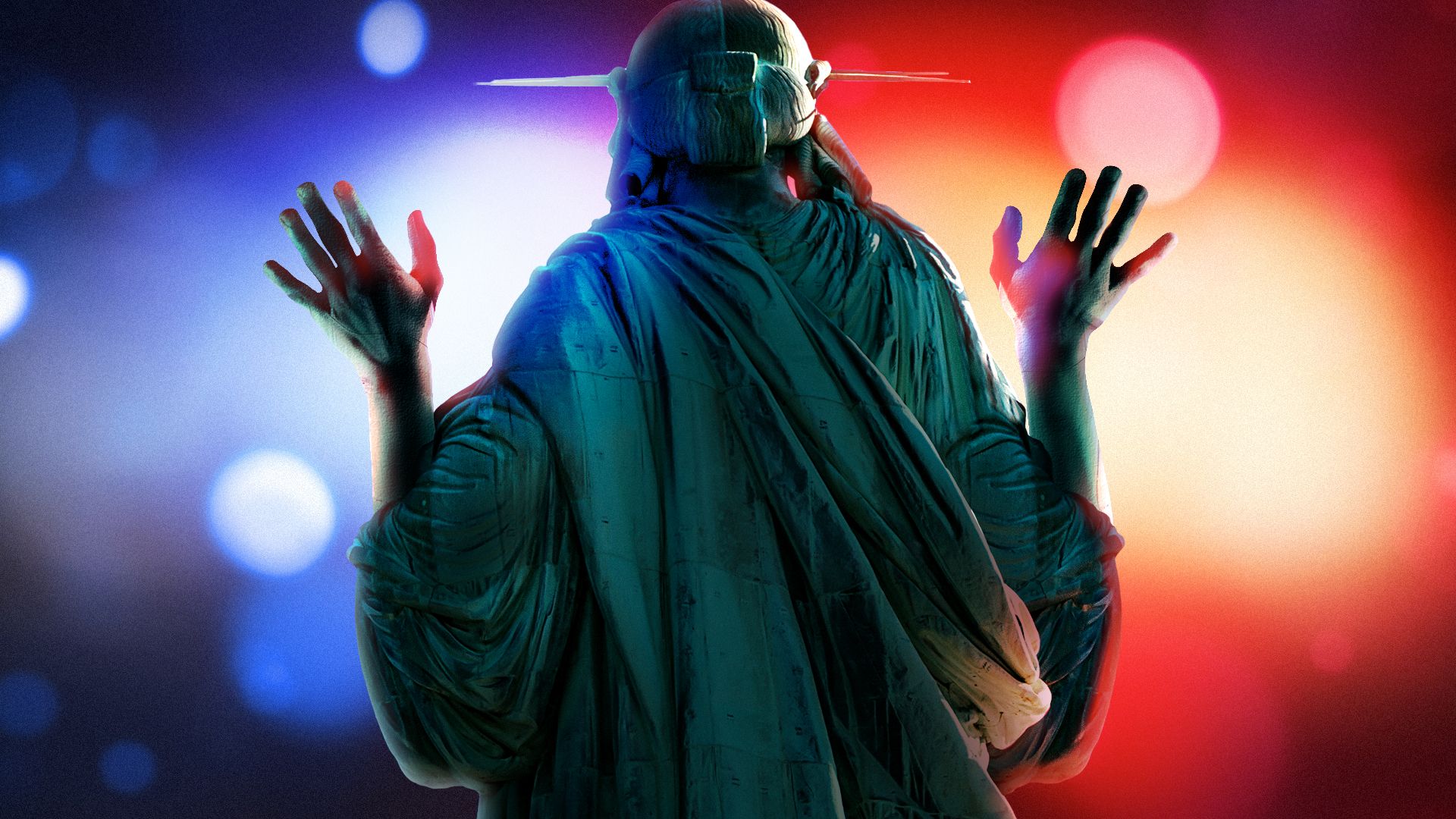 Illustration of the Statue of Liberty with her hands up in front of police lights.