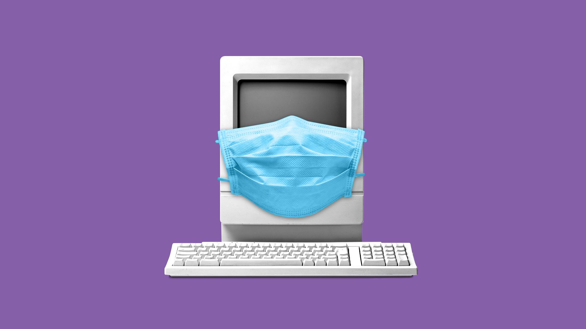 An illustration of a computer with a blue surgical mask covering its "mouth"