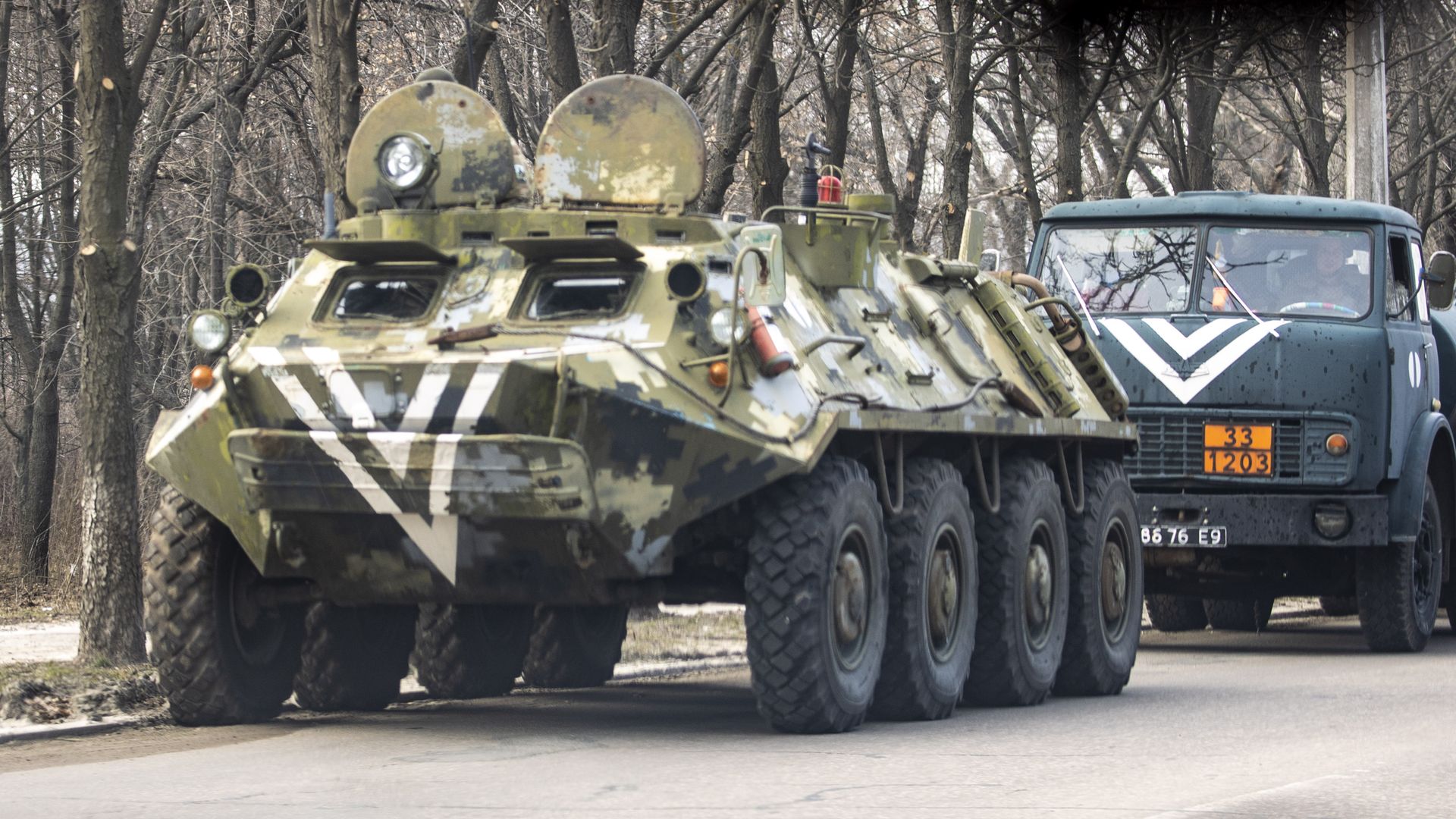 A view of military vehicles after Russia's military operation on February 24, 2022, in Kramatorsk, Ukraine.