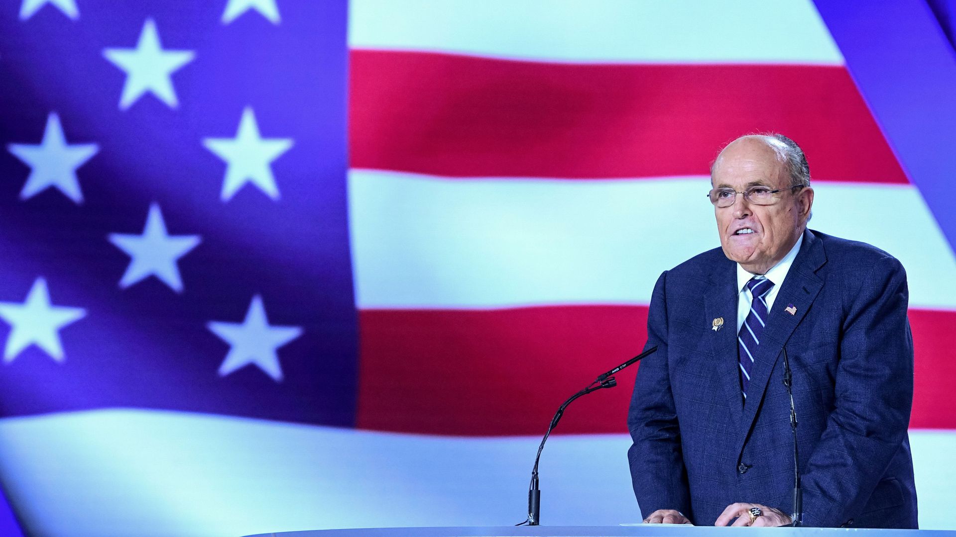 Former Mayor of New York City Rudy Giuliani at a conference at Ashraf-3 camp, which is a base for the People's Mojahedin Organization of Iran (MEK) in Albania on July 13