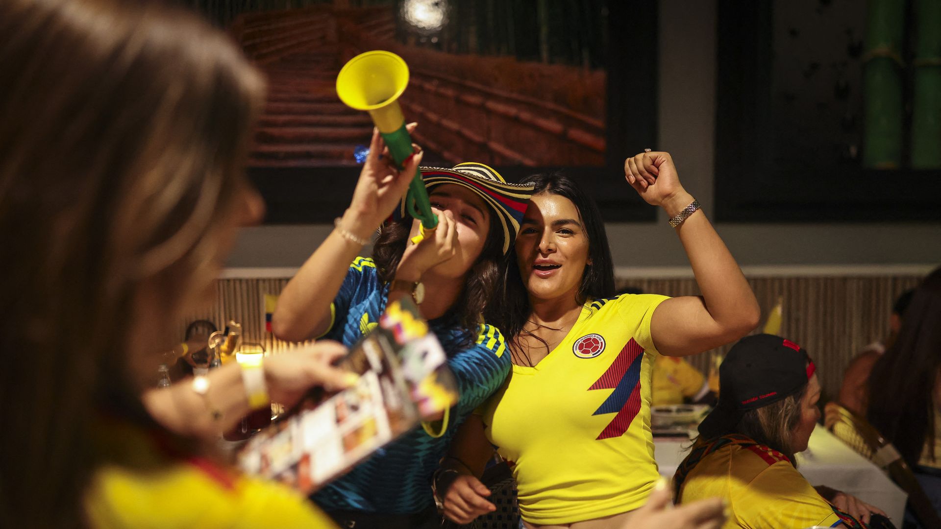 Colombian fans cheer for their team as they watch the 2026 World Cup Group K football match between Uzbekistan and Colombia at a sports bar in Miami, Florida on June 17, 2026. (Photo by PATRICIA DE MELO MOREIRA / AFP via Getty Images)

