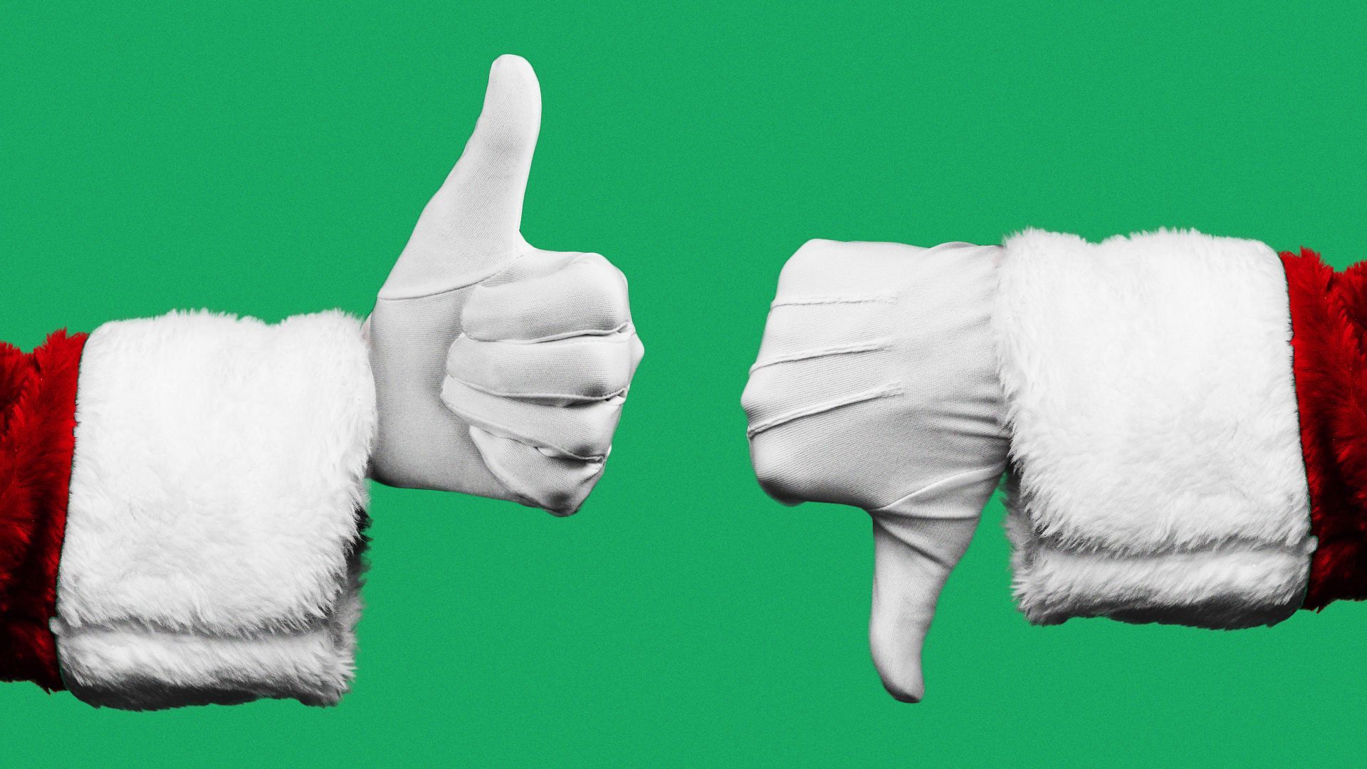 Two Santa hands, one showing "thumbs up" and one showing "thumbs down." 