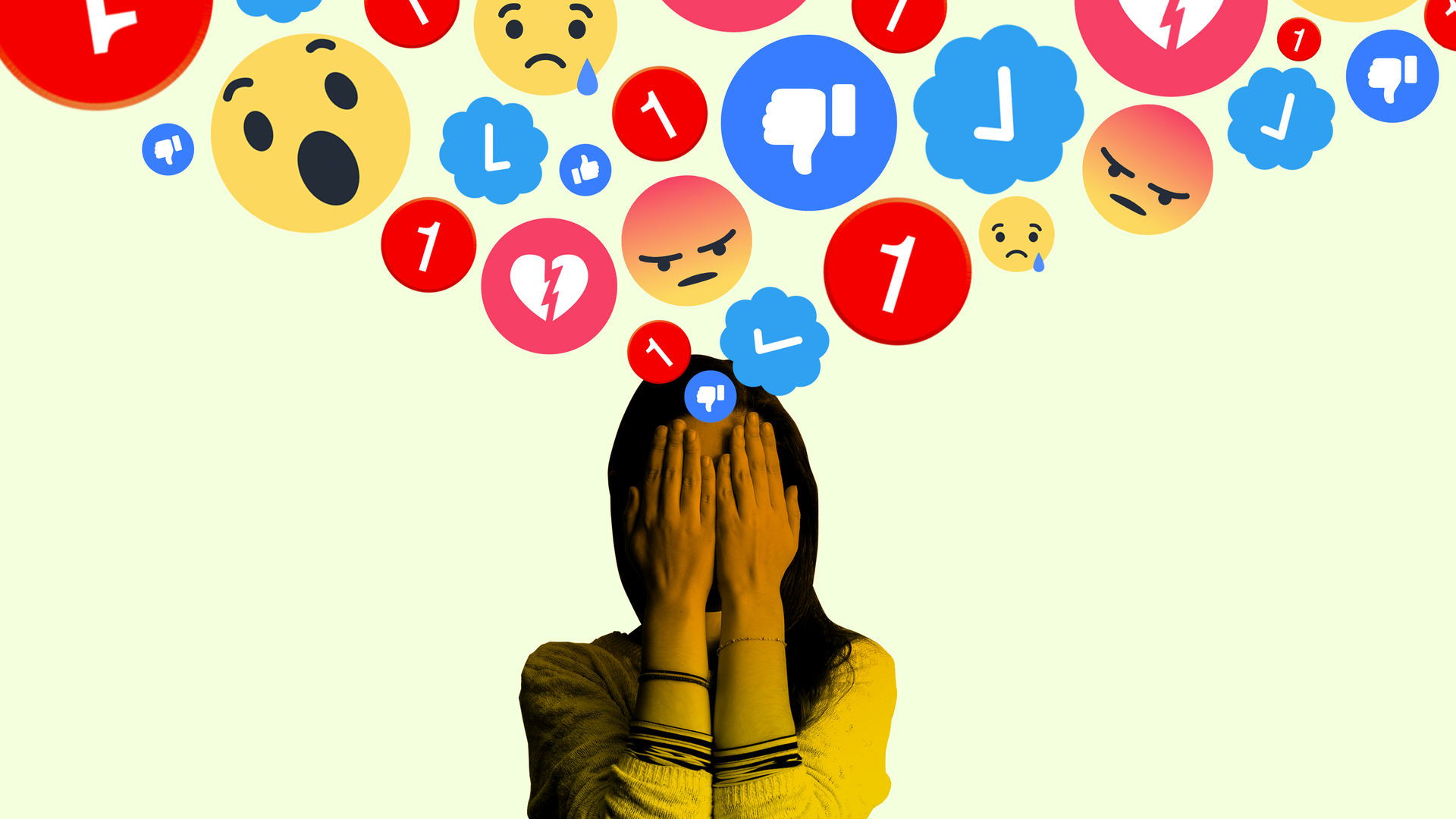 An illustration depicting a social media-fueled mental health crisis.