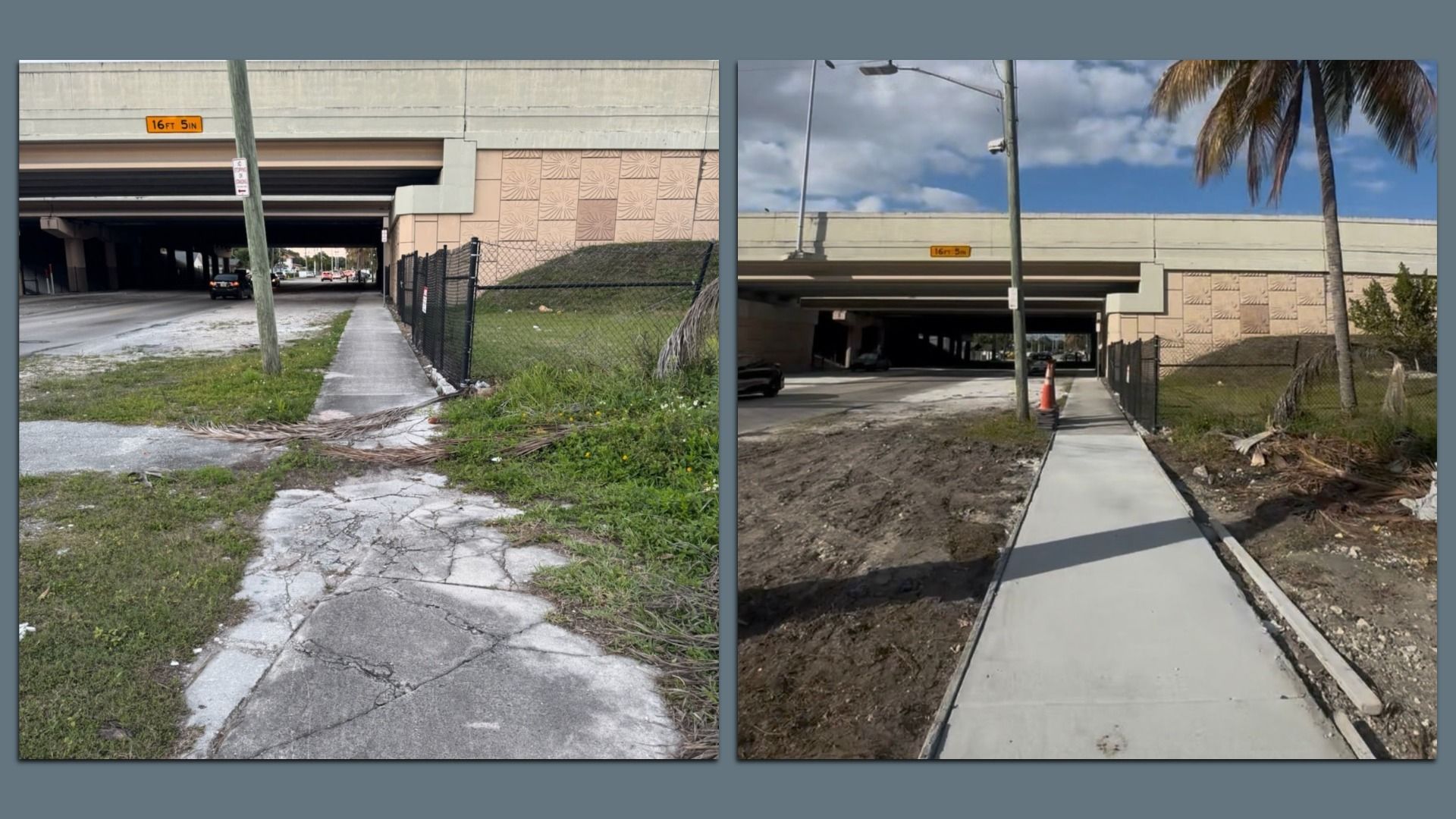 Two photos of an underpass with a sidewalk, chain-link fence, and grass. Left: leaning utility pole, cracked pavement, distant cars. Right: straight sidewalk, palm tree, orange cone, blue sky.