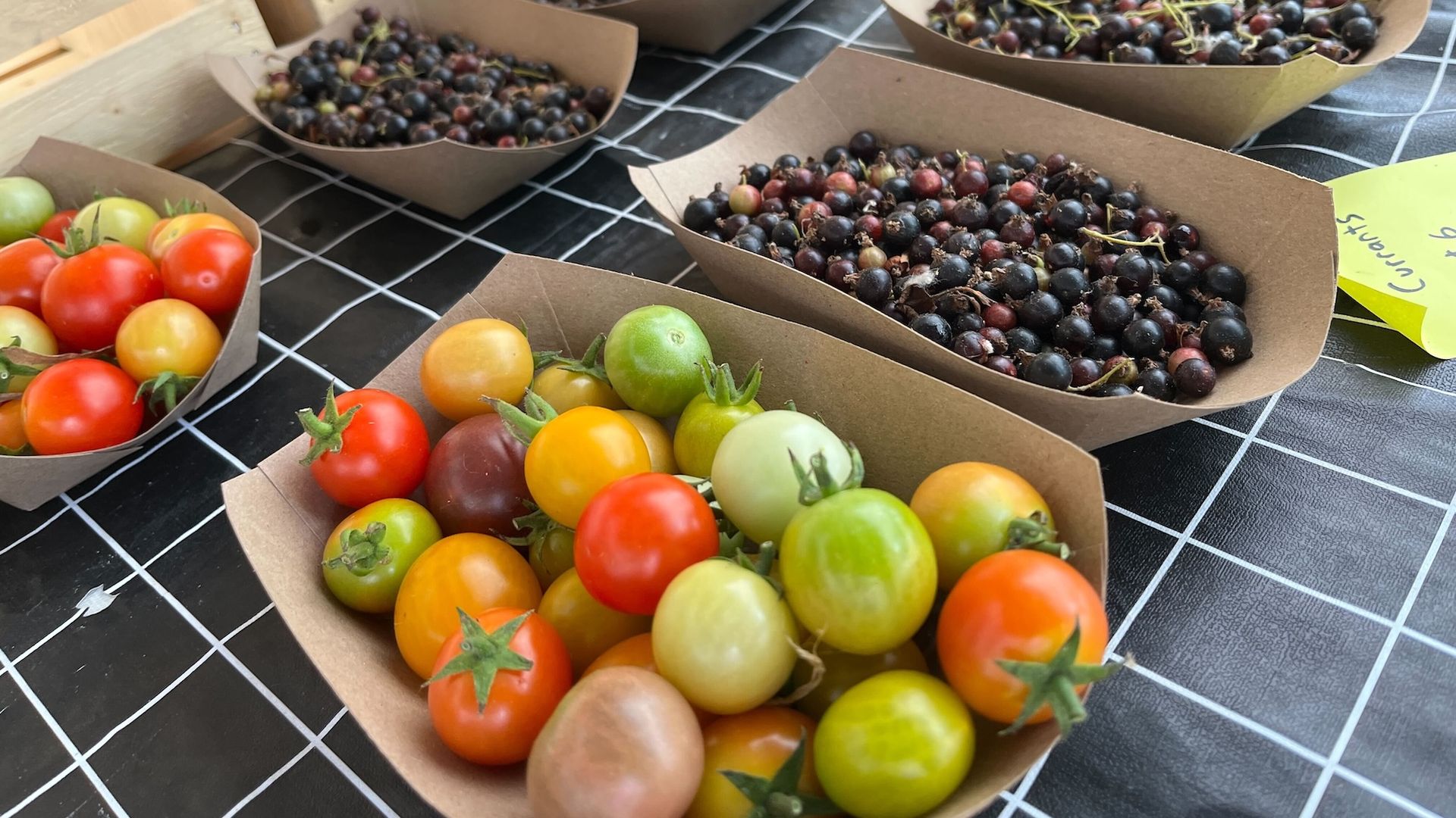 Brown paper boats with tomatoes and cherries on a checkered tablecloth