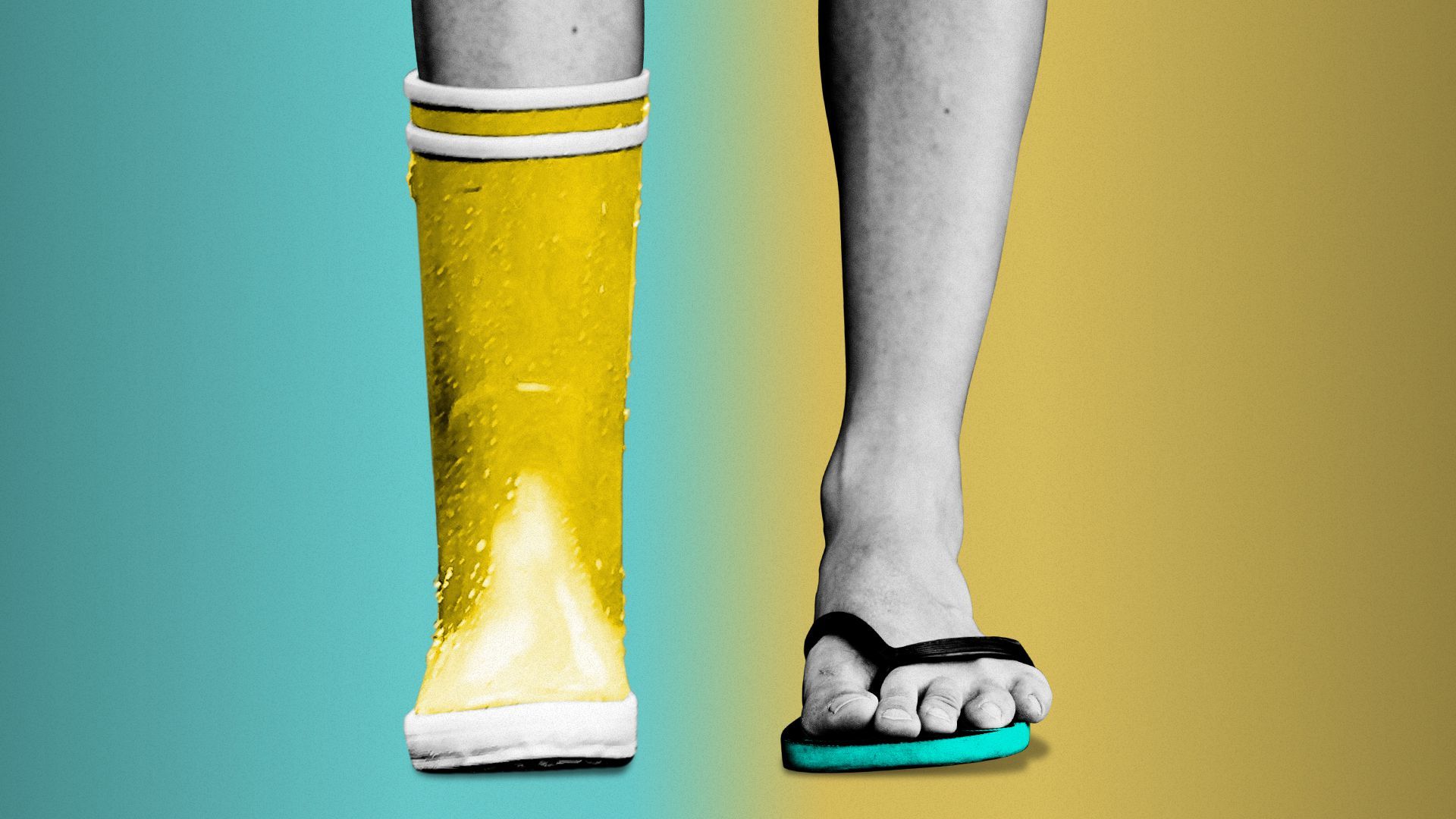 Illustration of a pair of legs with one foot wearing a rain boot and the other wearing a sandal.