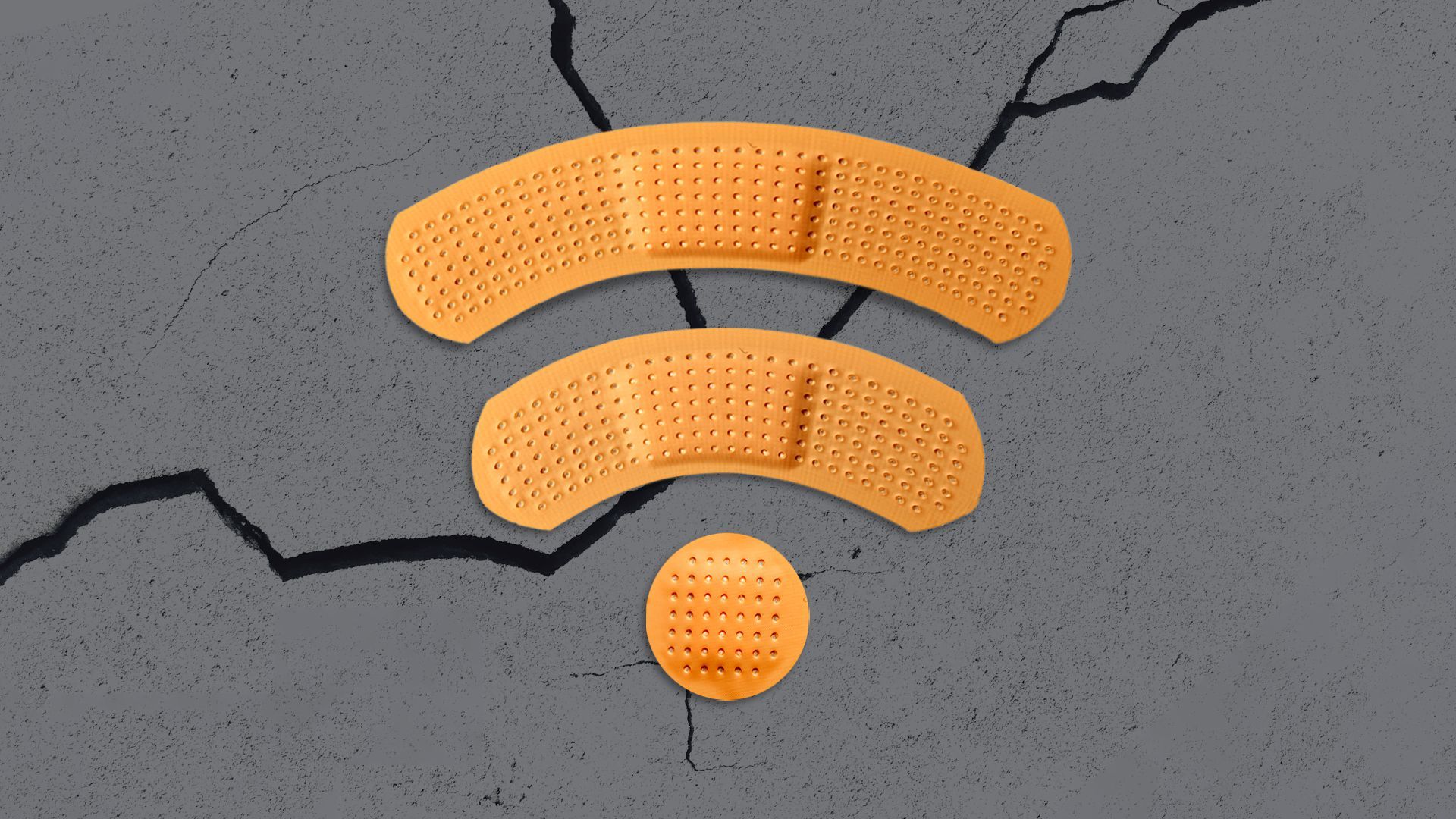 Illustration of three band aids resembling a wifi symbol covering a crack in a wall 