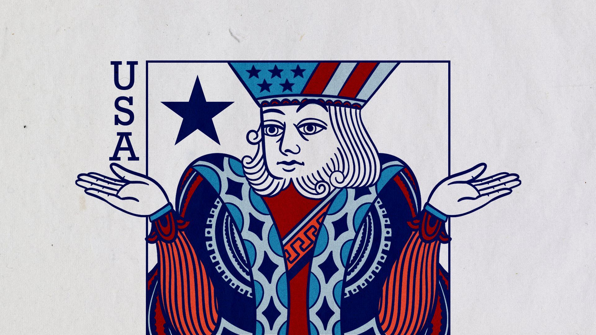 Illustration of a playing card in American regalia shrugging.