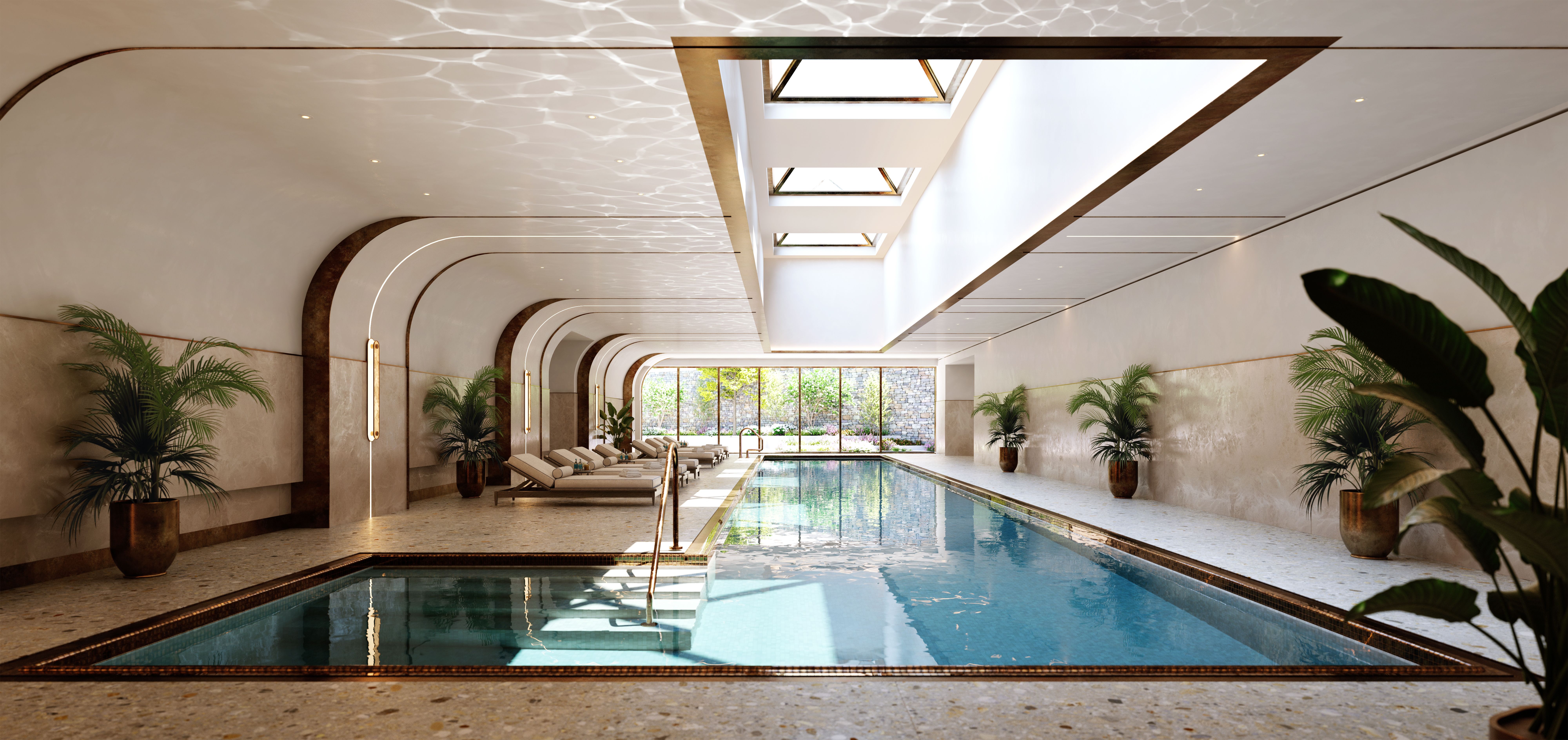 An architectural rendering showing an indoor pool. 