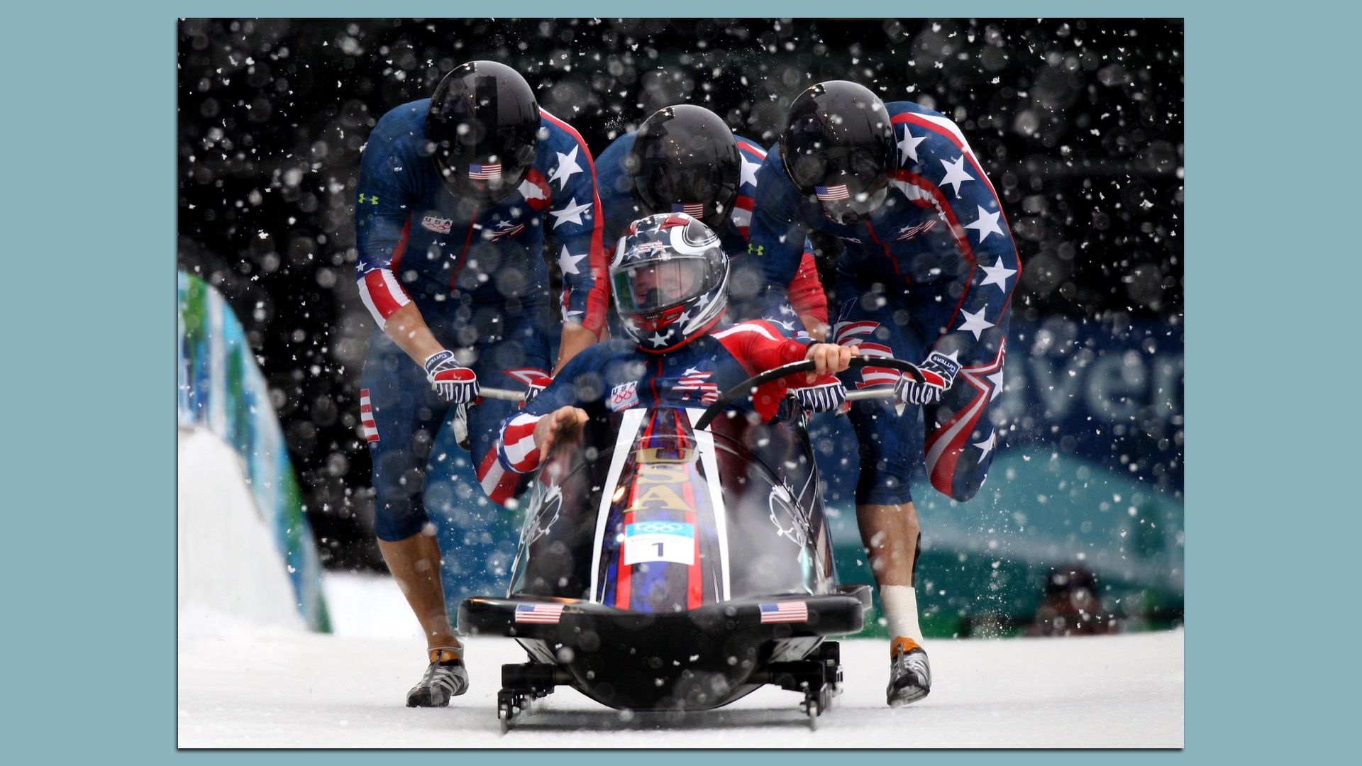 WHISTLER, BC - FEBRUARY 26: Steven Holcomb, Justin Olsen, Steve Mesler and Curtis Tomasevicz of the United States compete in USA 1 during the four-man bobsleigh on day 15 of the 2010 Vancouver Winter Olympics at the Whistler Sliding Centre on February 26, 2010 in Whistler, Canada.
