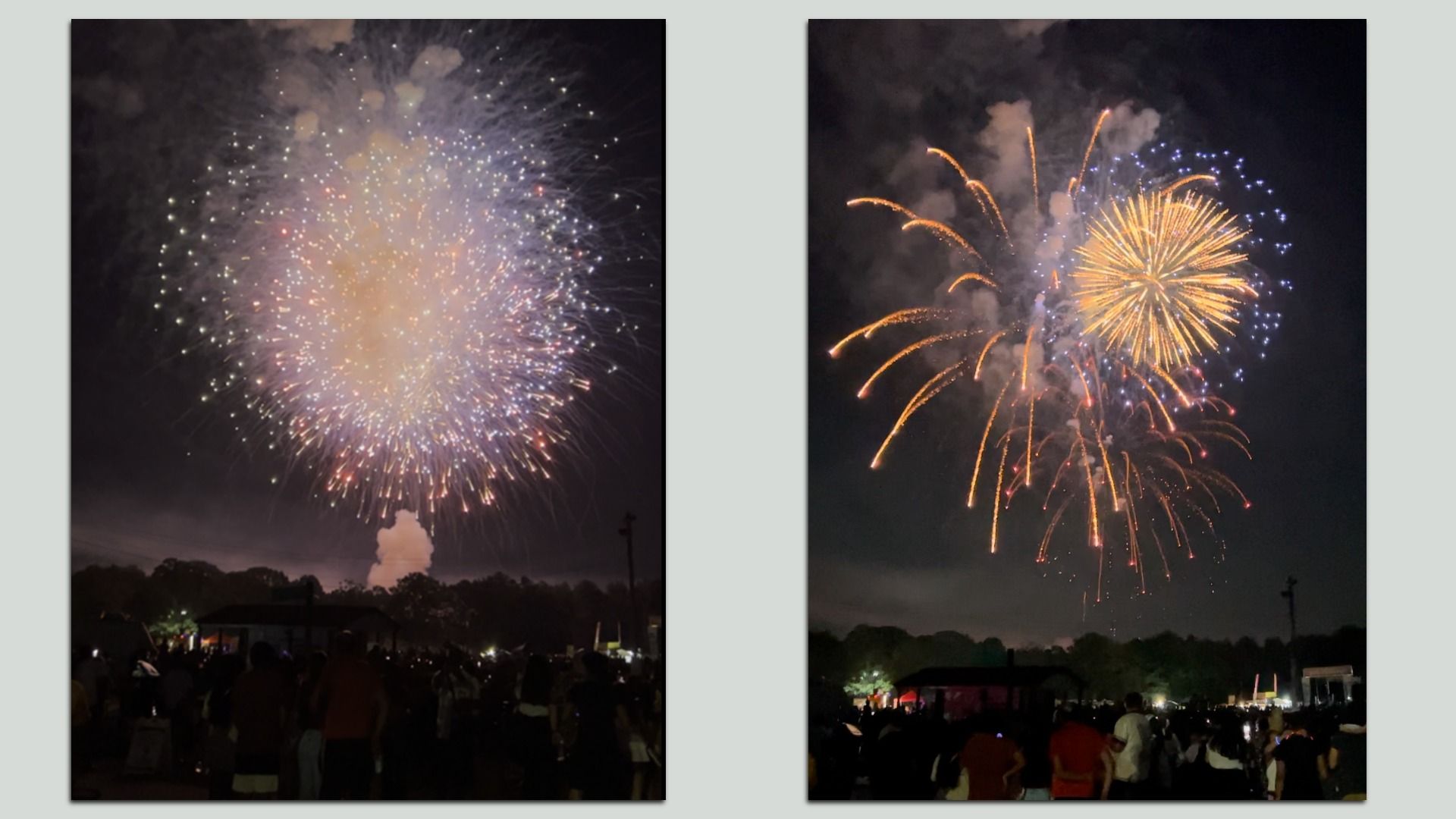 Two night photos of a fireworks show above a crowd. Left: pale orange-white burst with many sparks. Right: orange-yellow burst with blue ring sparks and smoke. Silhouetted trees and people at bottom.