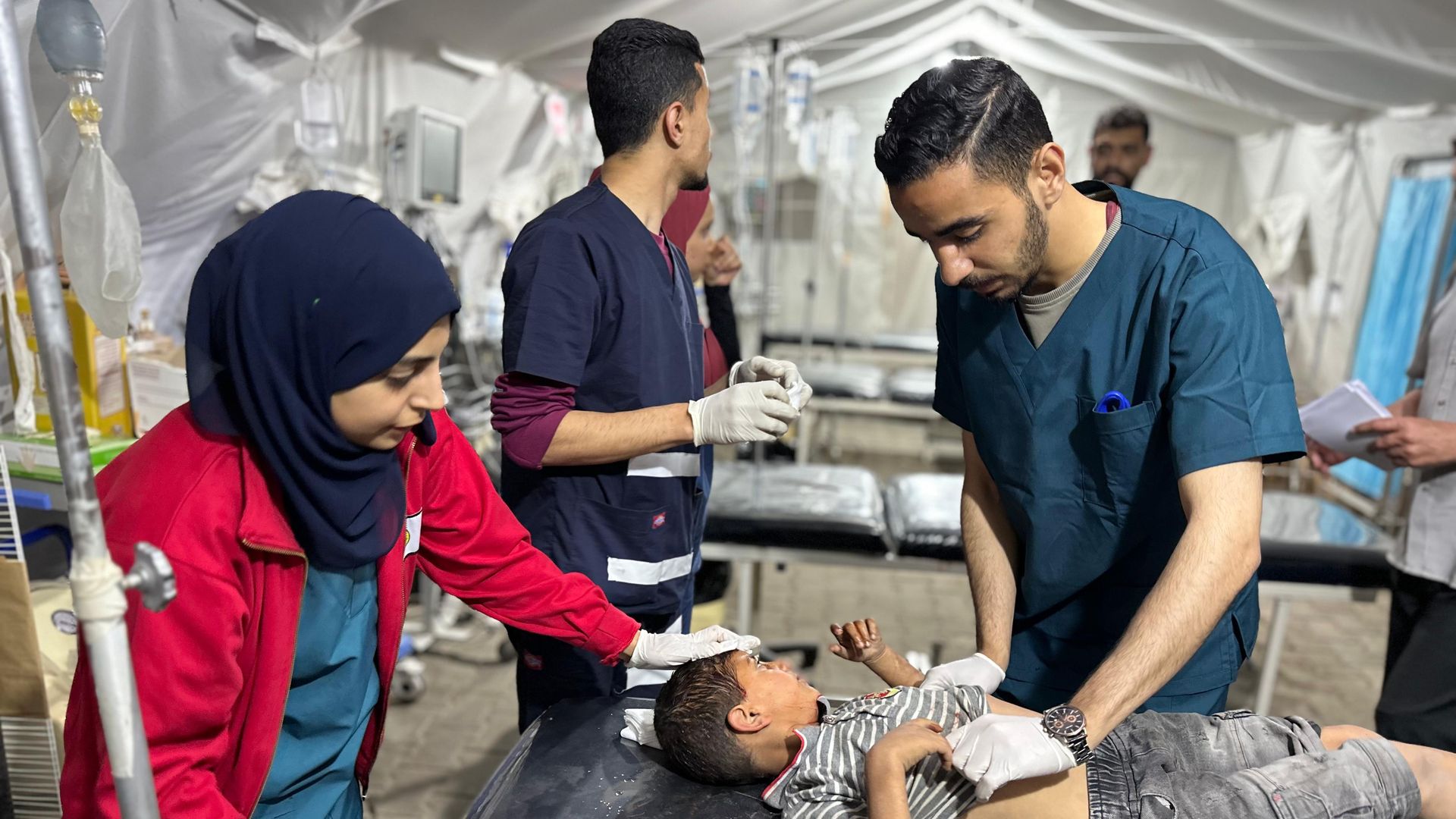 A Palestinian kid injured after an Israeli attack is being taken to a hospital for treatment in Rafah, Gaza on May 06, 2024.