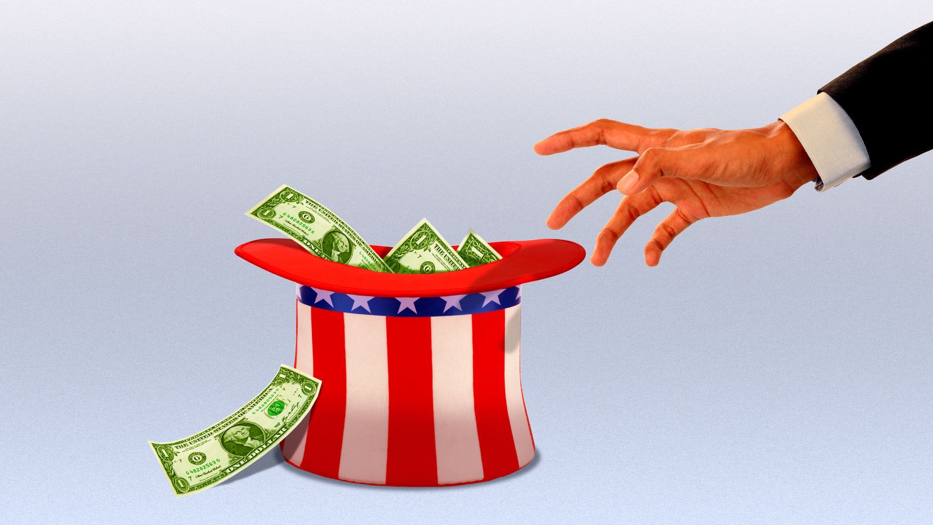 Illustration of a hand in a suit reaching for an uncle Sam hat filled with money