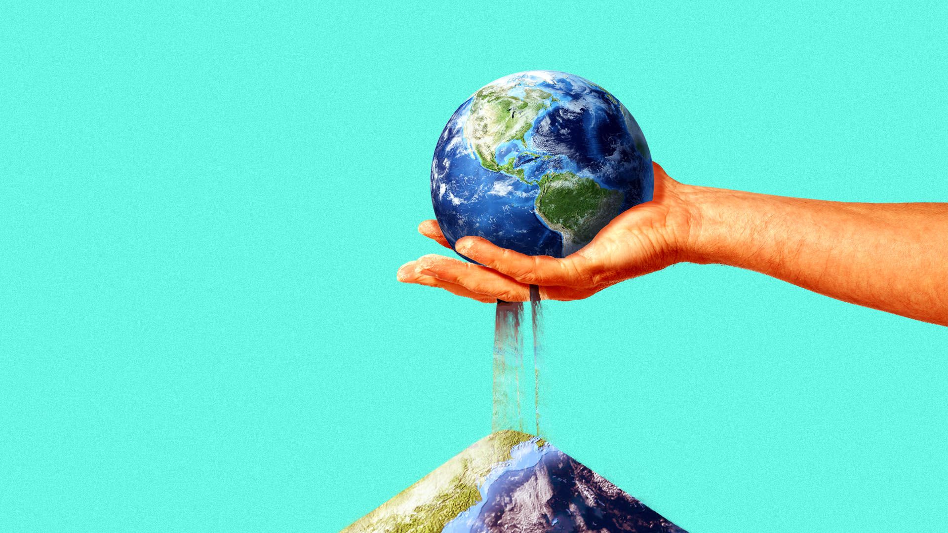 Illustration of a globe of sand falling through a hand.
