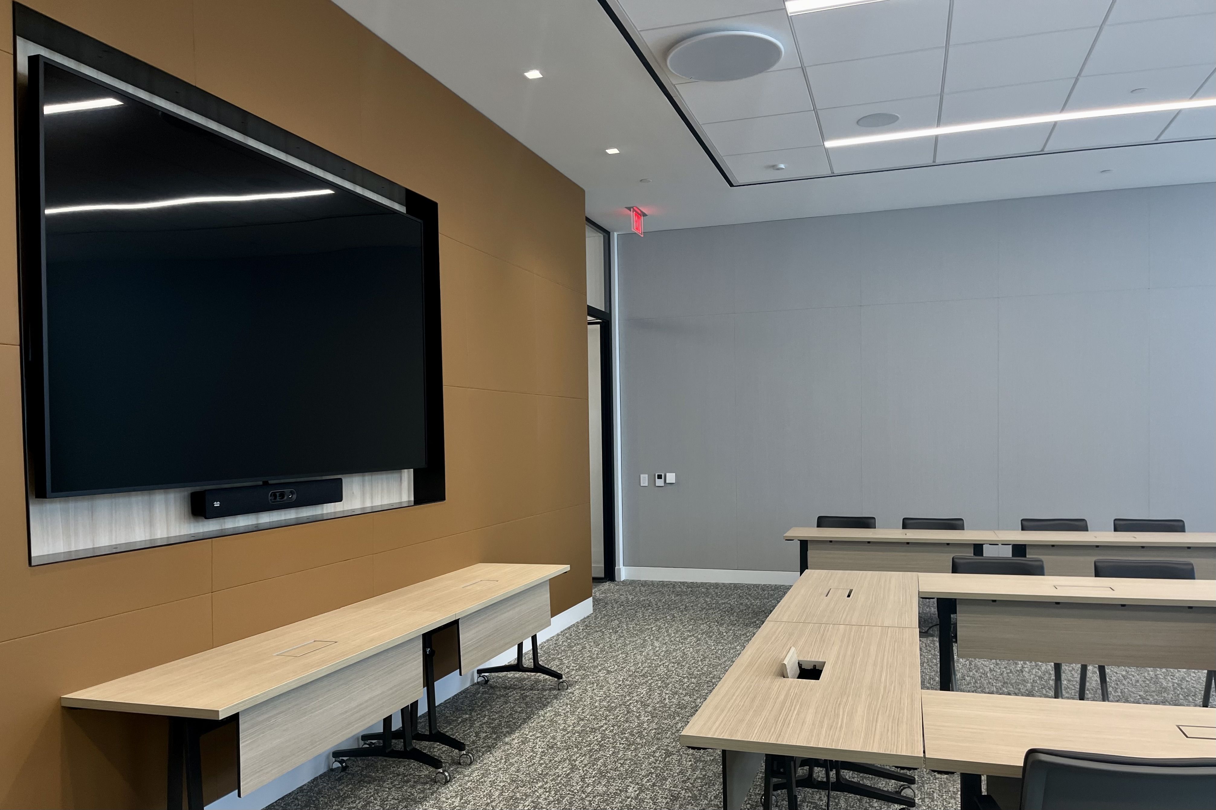 TV and desks and chairs