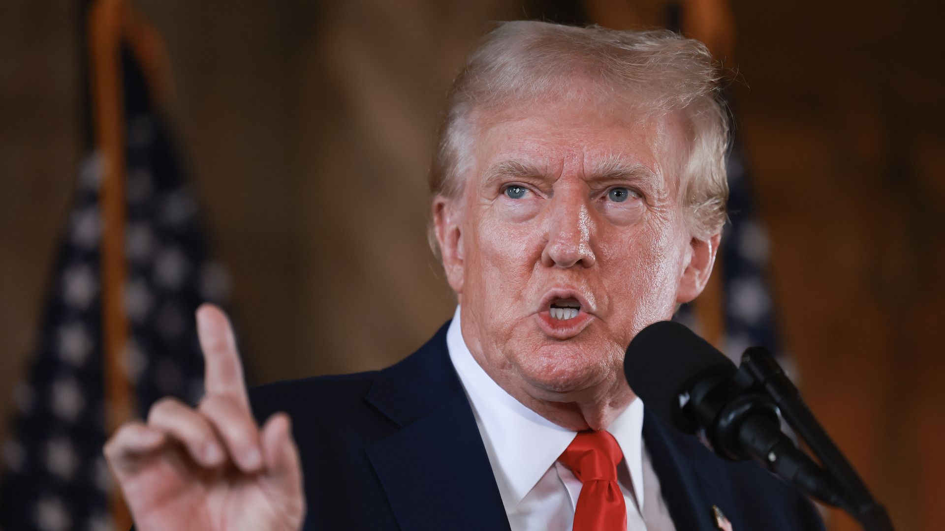 former President Donald Trump speaks during a press conference at his Mar-a-Lago estate on August 08, 2024, in Palm Beach, Florida. Polls currently show a close race between Trump and Democratic presidential candidate, U.S. Vice President Kamala Harris. (Photo by Joe Raedle/Getty Images)