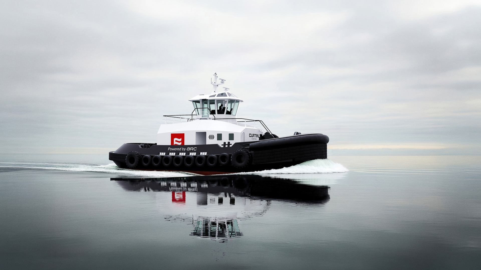 White and black tugboat with a red logo and text "Powered by aRC" moves through calm water under cloudy sky, reflecting clearly on the smooth surface.