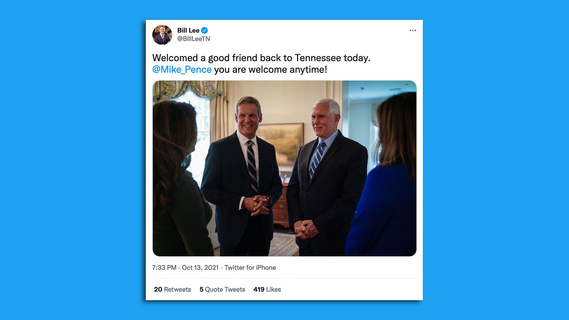 Screengrab of a Bill Lee tweet praising Mike Pence. The tweet includes a photo of Lee and Pence standing together.