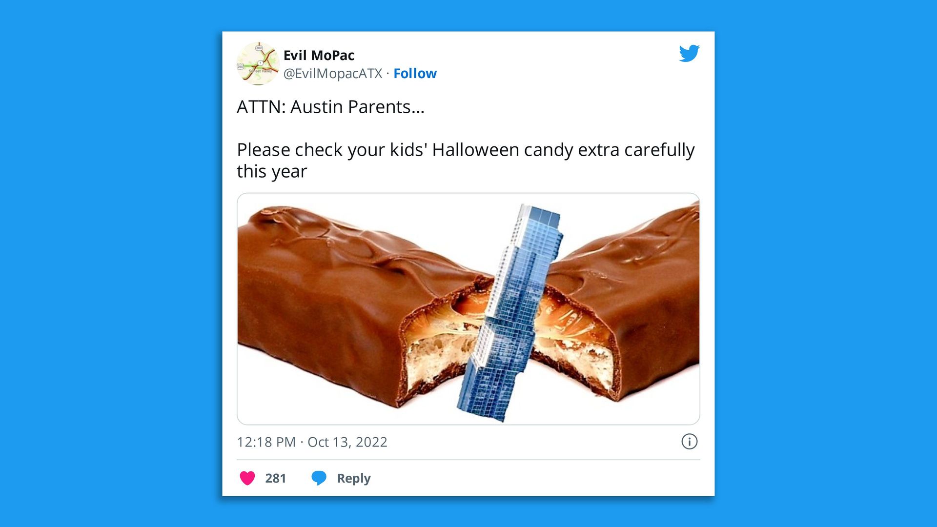 Twitter screenshot of Evil Mopac tweet.