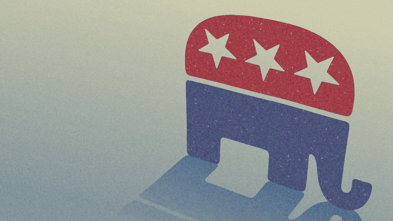 Animated illustration of the Republican elephant logo, with the stars on the top half changing into word balloons, which then each have diagonal lines drawn through them.