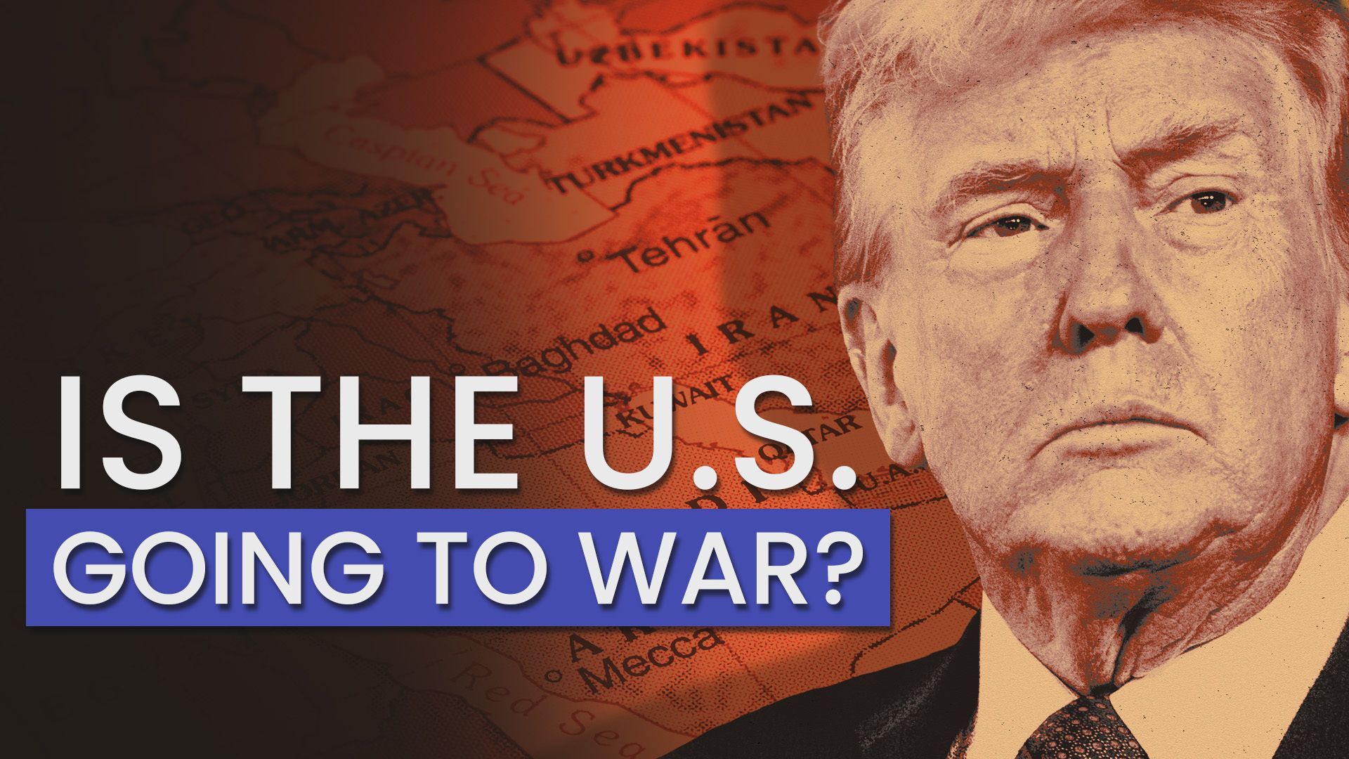 Photo illustration of President Trump in front of map of the Middle East and a photo of missiles produced by Iran's armed forces displayed near a row of Iranian flags