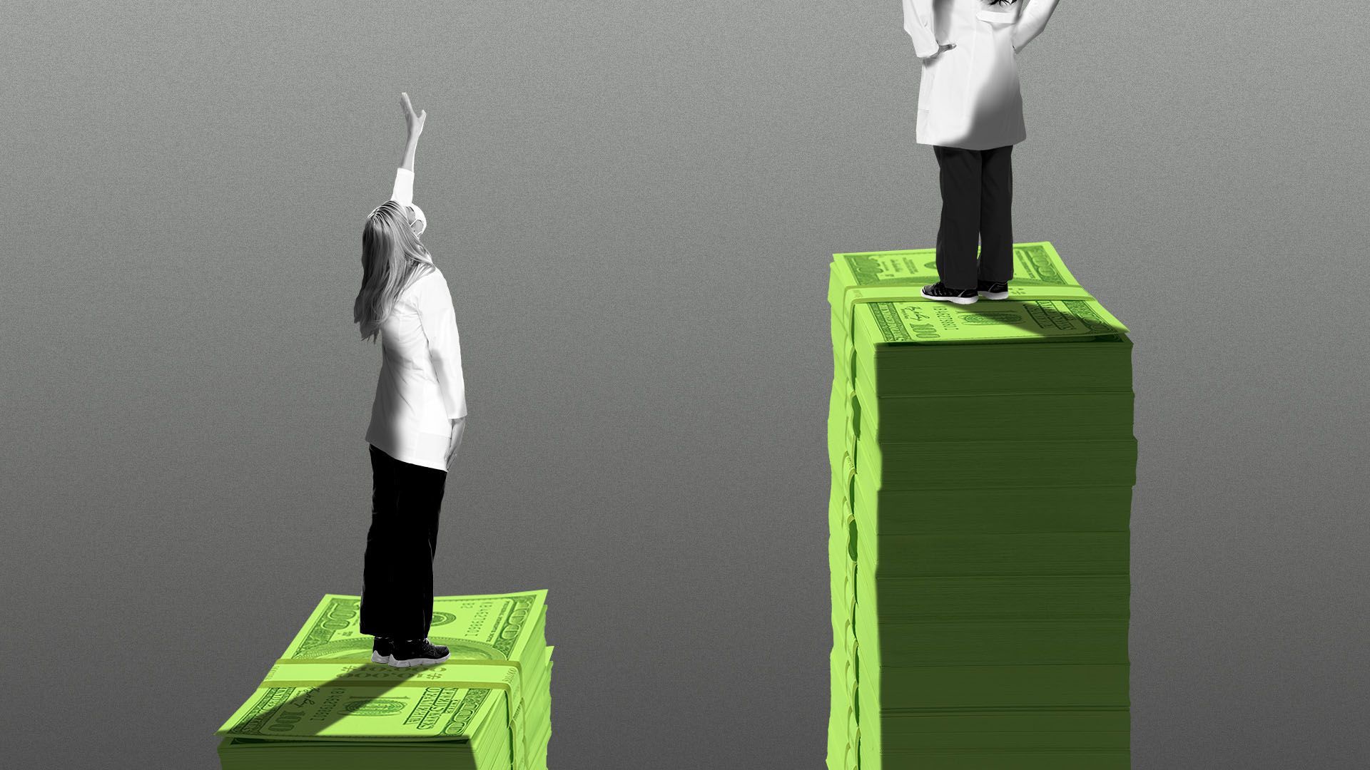 Illustration of a short stack of money with a doctor on top reaching up next to a tall stack of money with a doctor out of frame