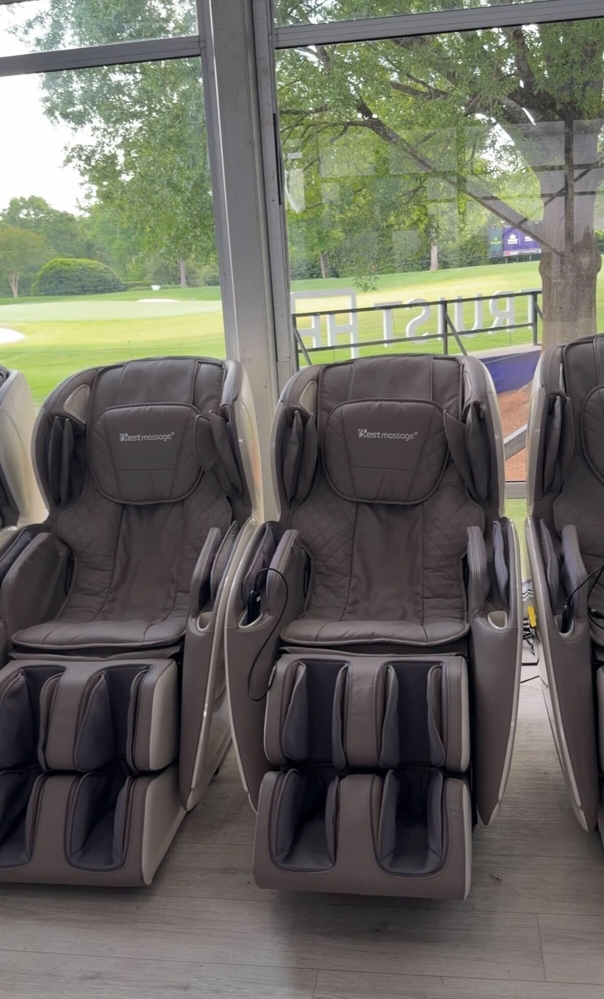 Massage chairs in a golf tournament lounge. 